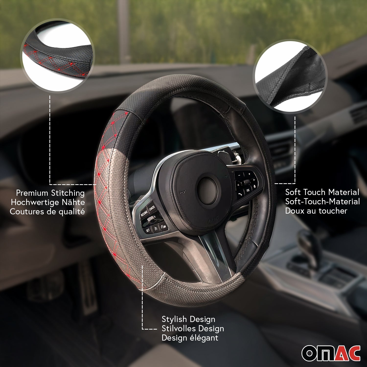 OMAC USA 14.5-15.5’’ Steering Wheel Cover Red Stitches Leather Anti-slip Breathable, alternate view