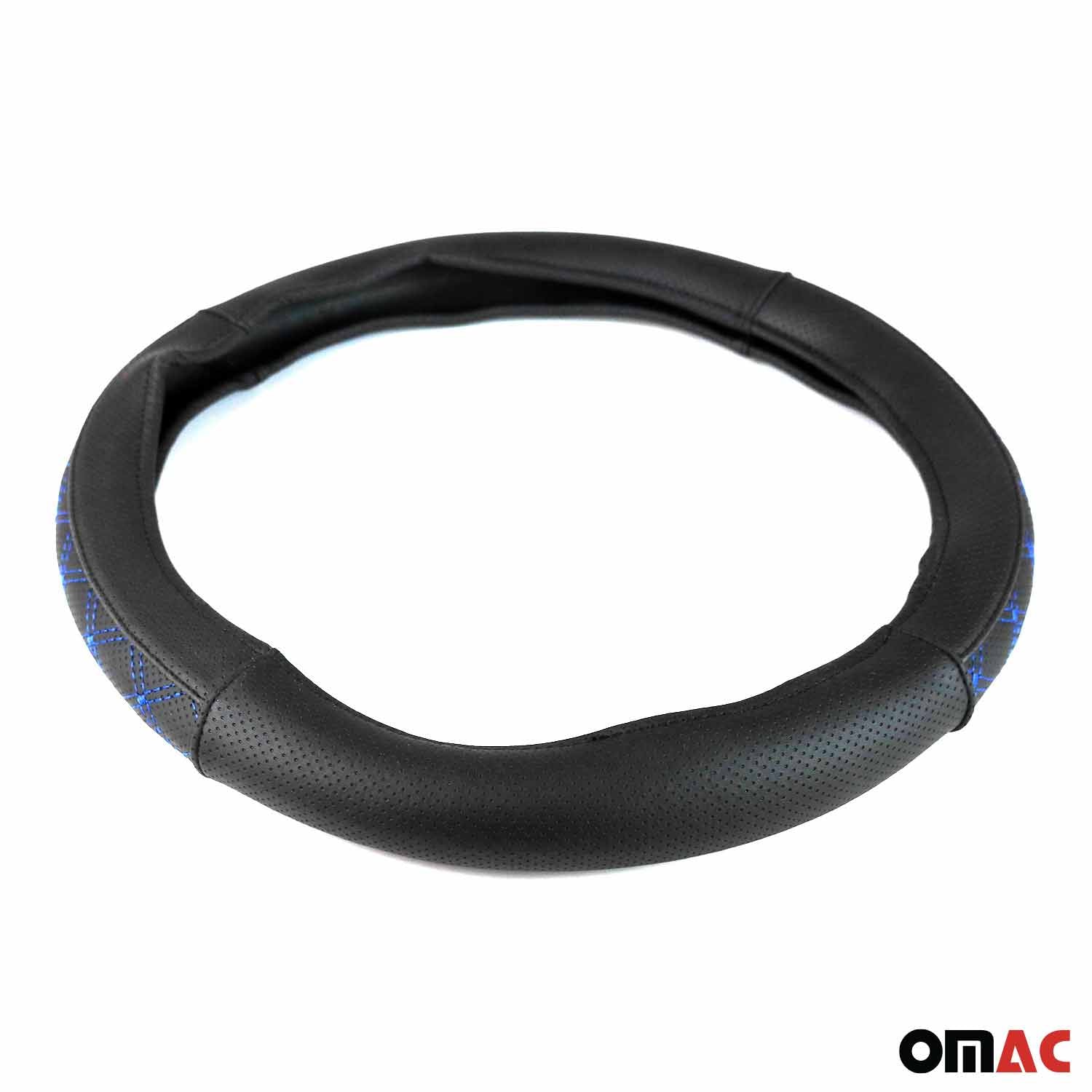 OMAC USA 14.5-15.5’’ Steering Wheel Cover Blue Stitch Leather Anti-slip Breathable, top view