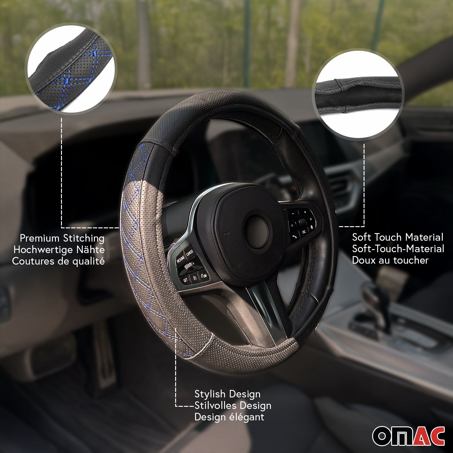 OMAC USA 14.5-15.5’’ Steering Wheel Cover Blue Stitch Leather Anti-slip Breathable, alternate view