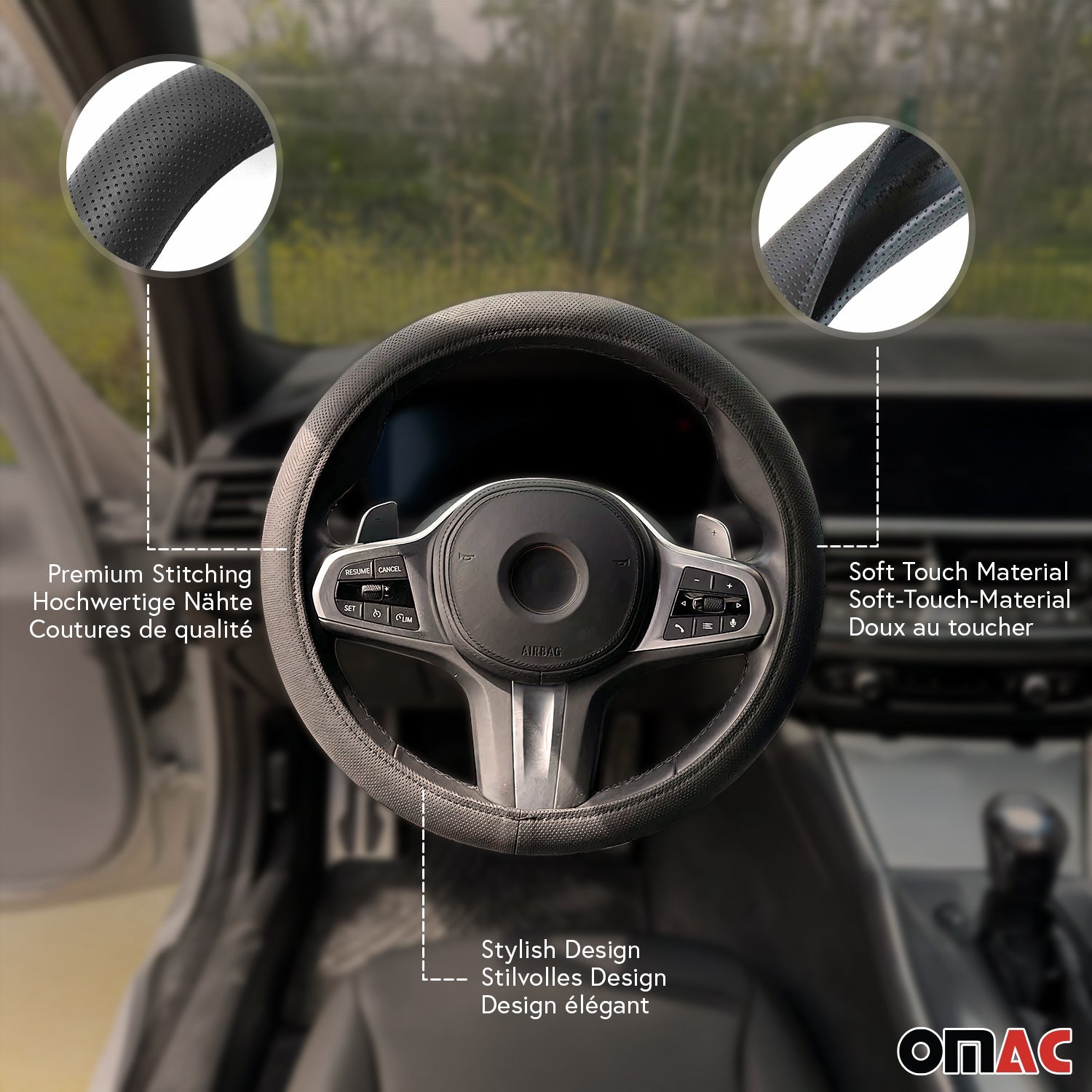 OMAC USA 14.5-15.5’’ Steering Wheel Cover Black Dotted Leather Anti-slip Breathable, alternate view