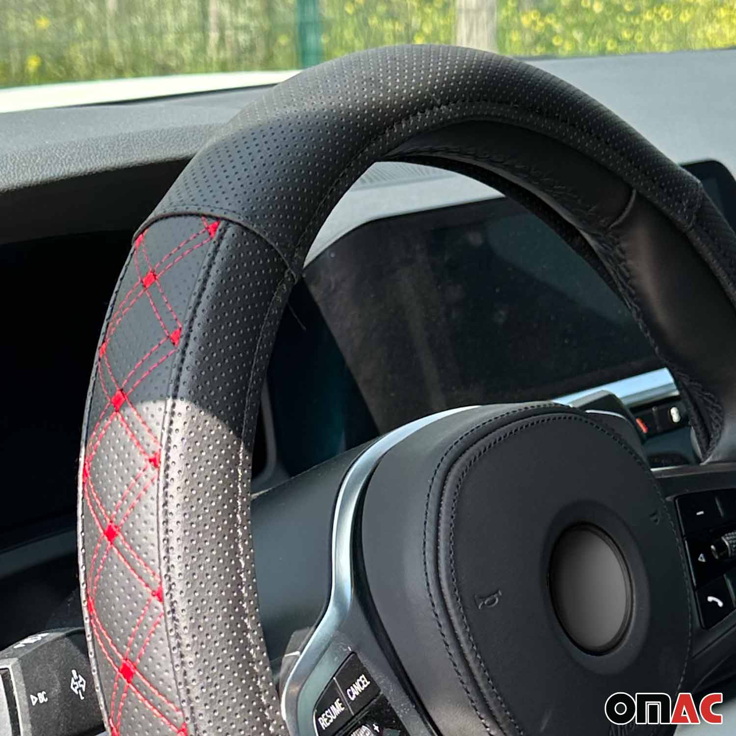 OMAC USA 14.5-15.5’’ Steering Wheel Cover Red Stitches Leather Anti-slip Breathable, reverse view