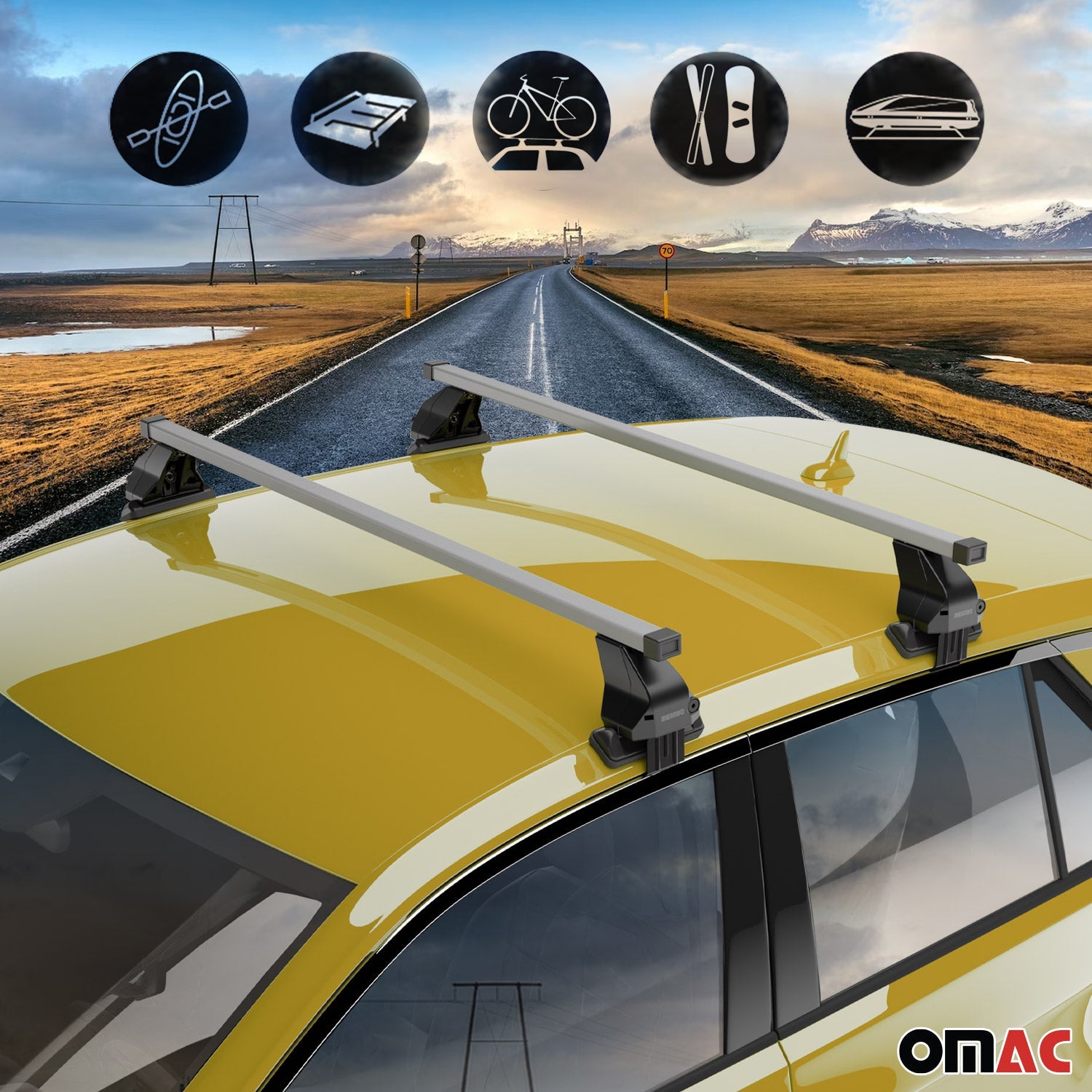 OMAC USA 2016-2022 Chevrolet Spark Roof Rack Cross Bars Silver, smooth/naked roof racks, close-up detail