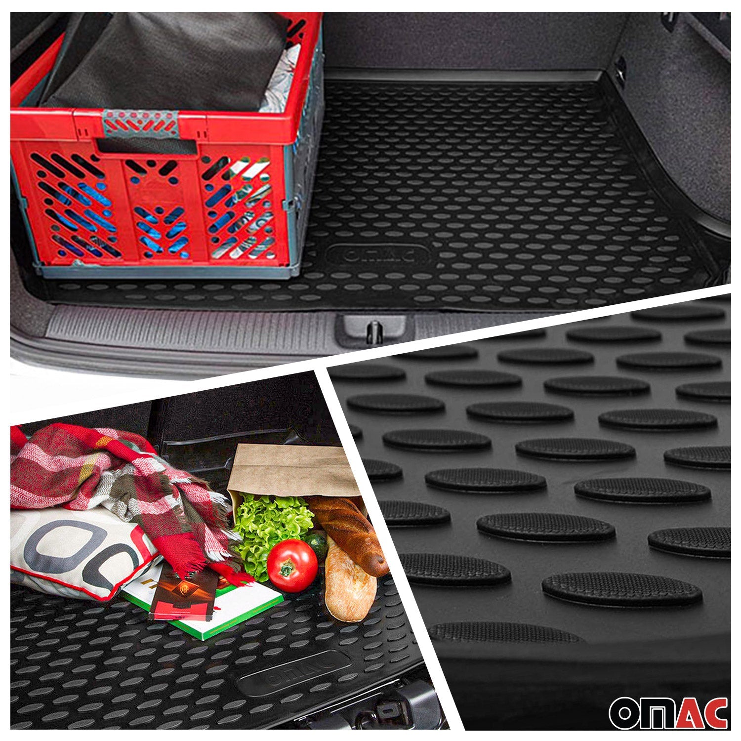 OMAC USA 2013-2022 Chevrolet Trax Floor Mats & Cargo Liner Full Set All Weather Black, floor-trunk mat set, close-up detail