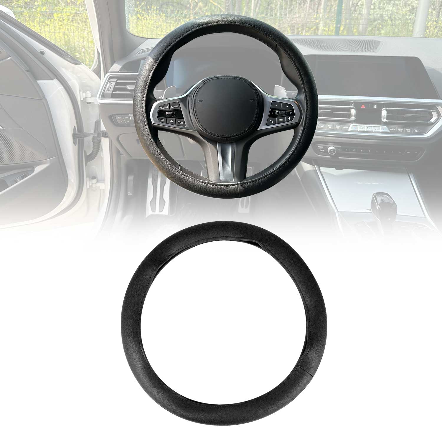 OMAC USA 14.5-15.5’’ Steering Wheel Cover Black Leather Anti-slip Breathable