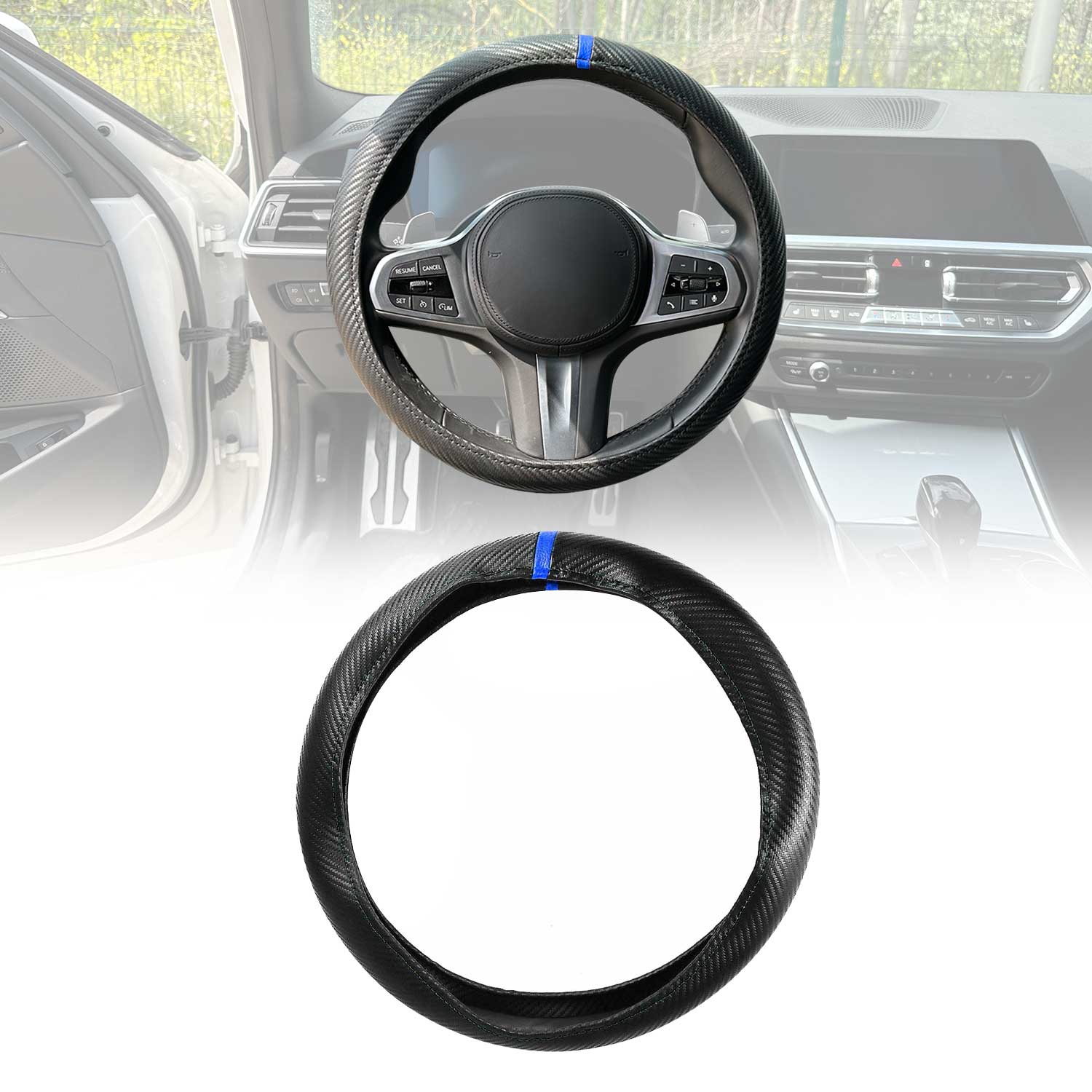 OMAC USA 14.5-15.5’’ Steering Wheel Cover Blue Stripe Leather Anti-slip Breathable