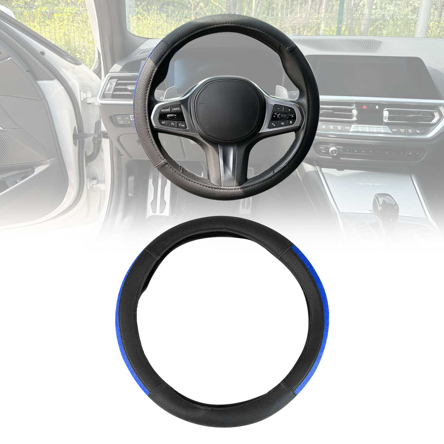 OMAC USA 14.5-15.5’’ Steering Wheel Cover Half Moon Blue Leather Anti-slip Breathable