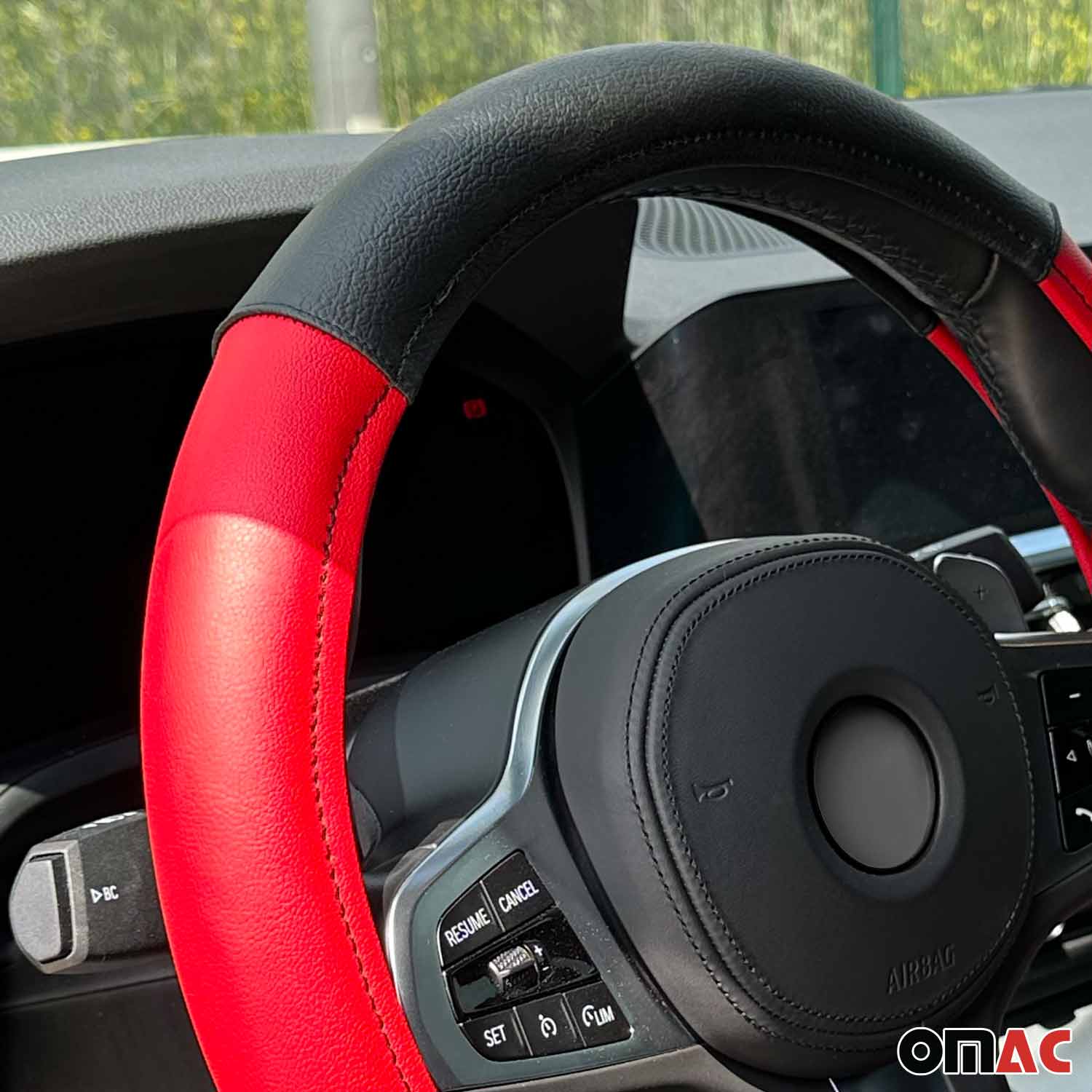 OMAC USA 14.5-15.5’’ Steering Wheel Cover Red Black Leather Anti-slip Breathable, reverse view