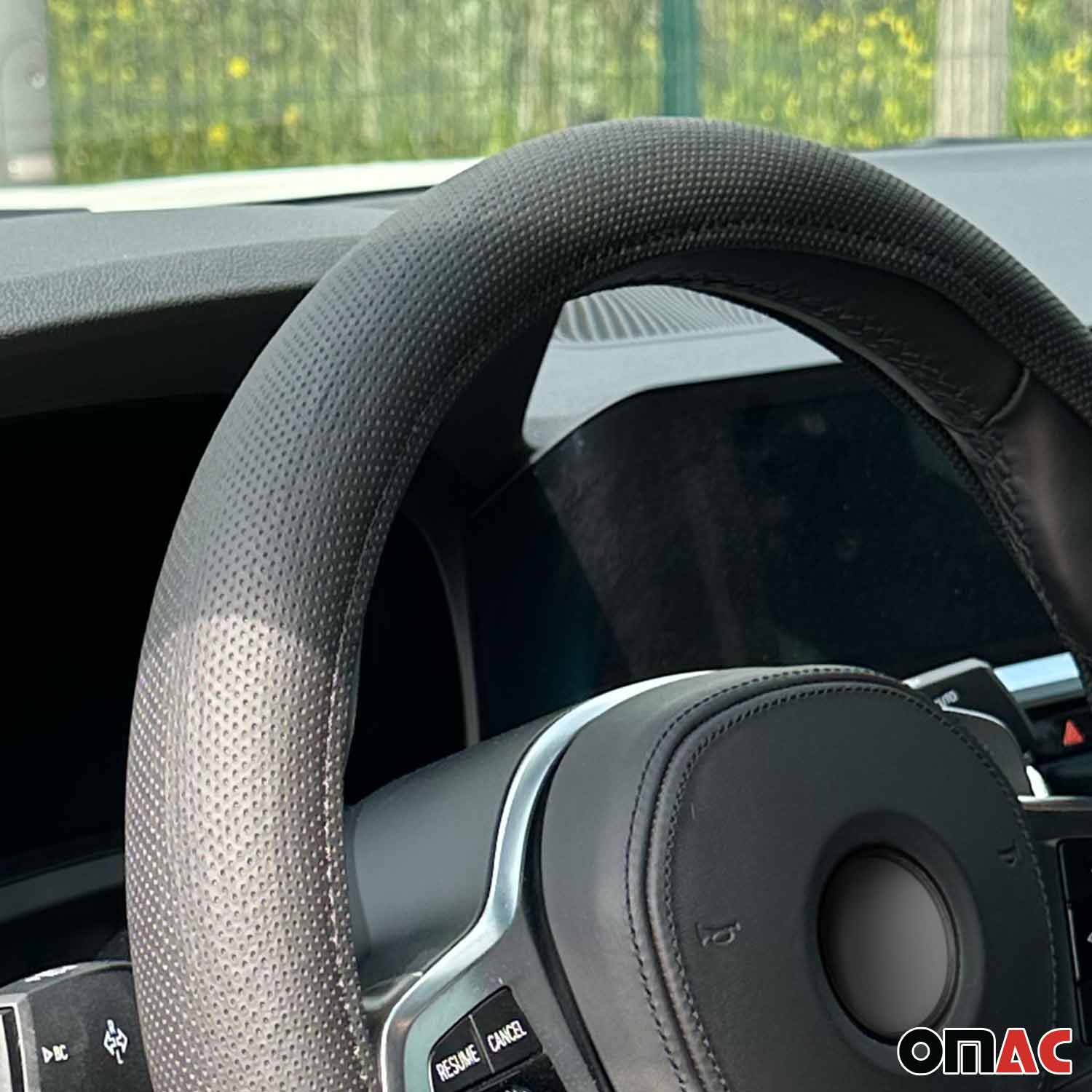 OMAC USA 14.5-15.5’’ Steering Wheel Cover Black Dotted Leather Anti-slip Breathable, reverse view