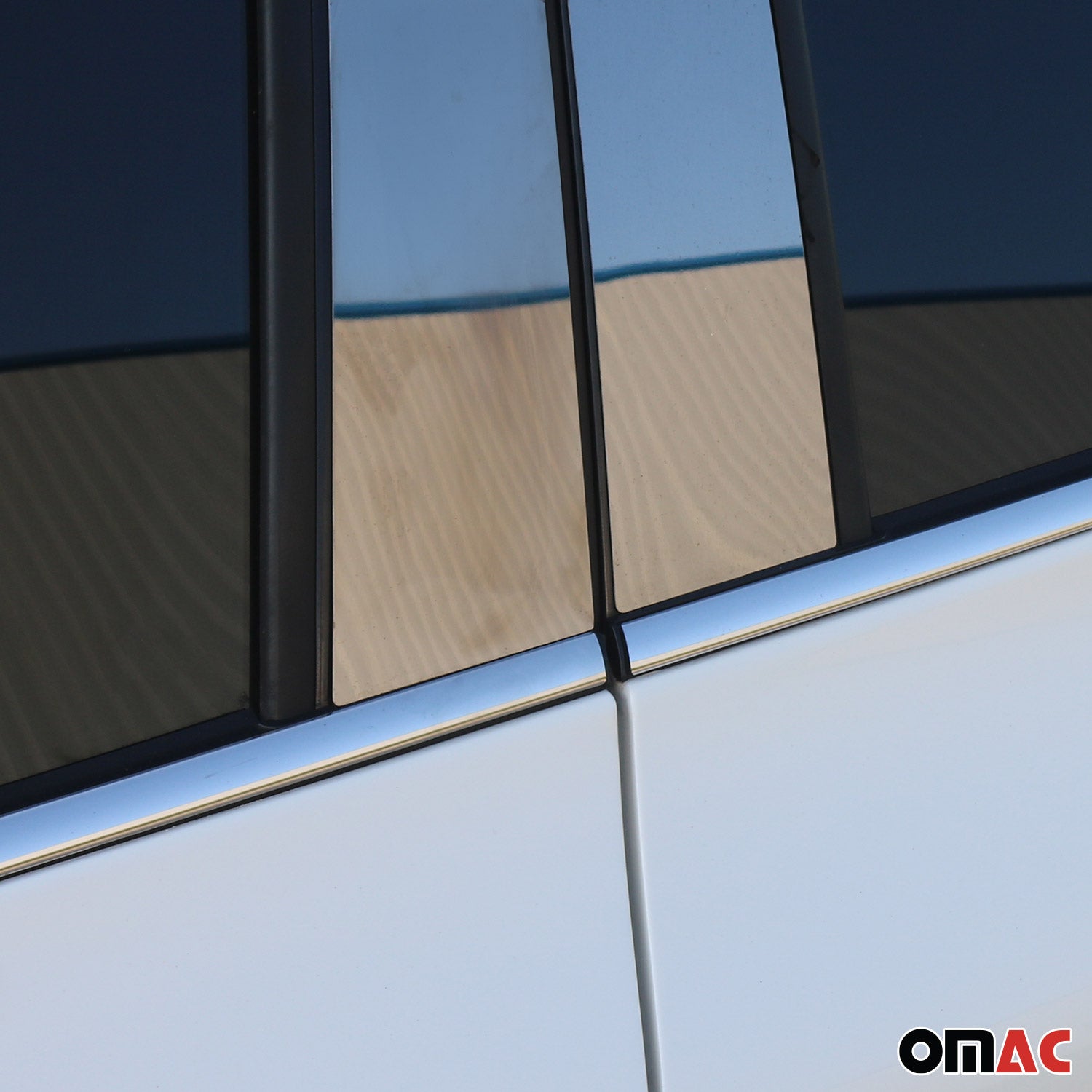OMAC USA 2007-2014 Cadillac Escalade Window B Pillar Posts Door Trim Steel Silver 4x, angled view