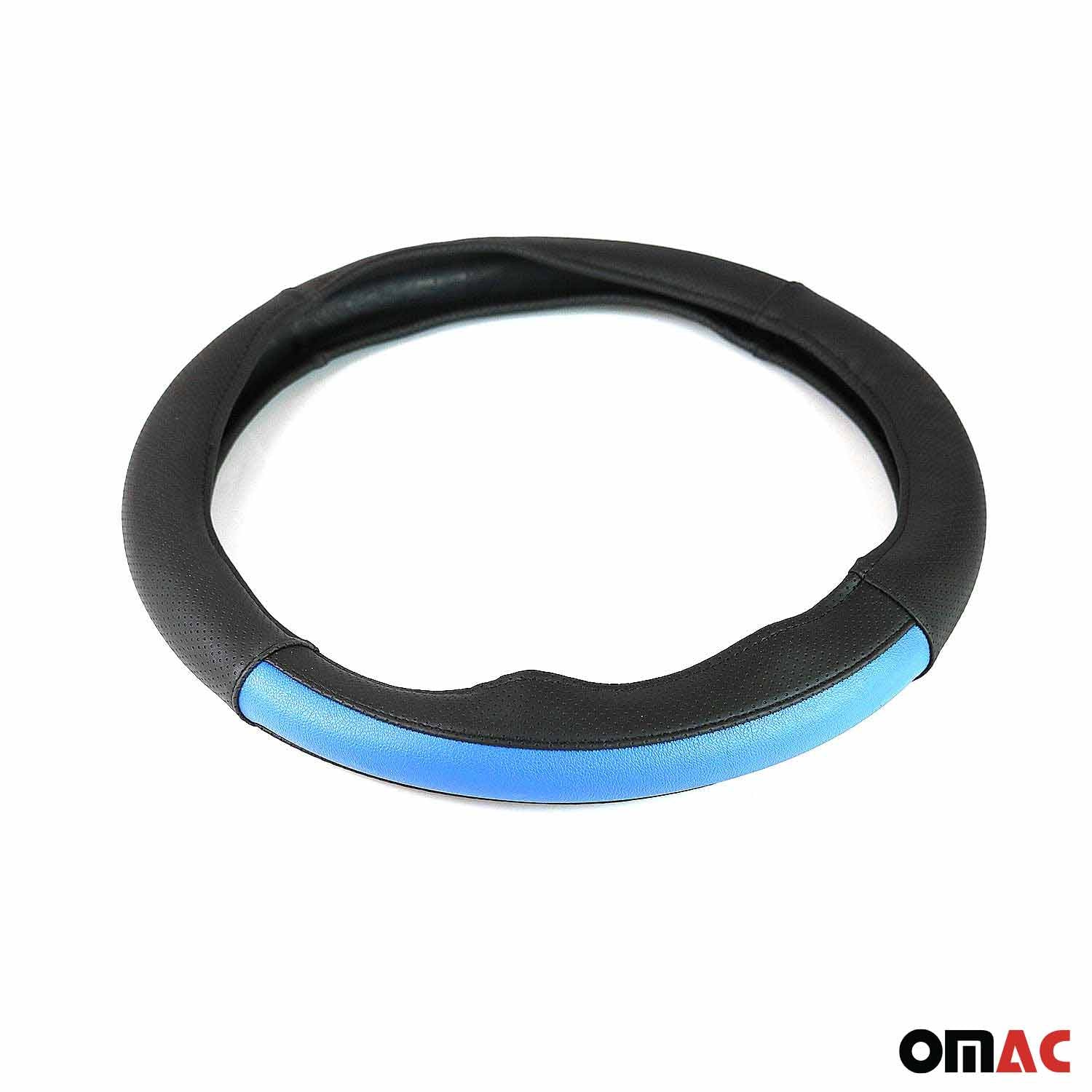 OMAC USA 14.5-15.5’’ Steering Wheel Cover Half Moon Blue Leather Anti-slip Breathable, top view