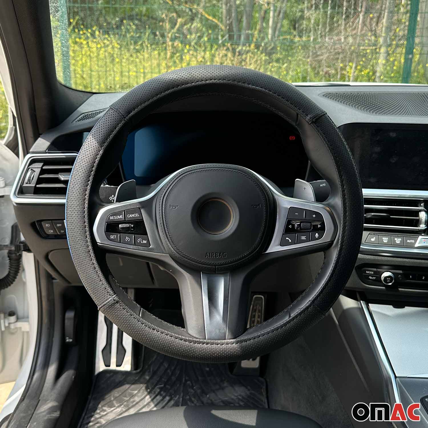 OMAC USA 14.5-15.5’’ Steering Wheel Cover Half Moon Blue Leather Anti-slip Breathable, product detail