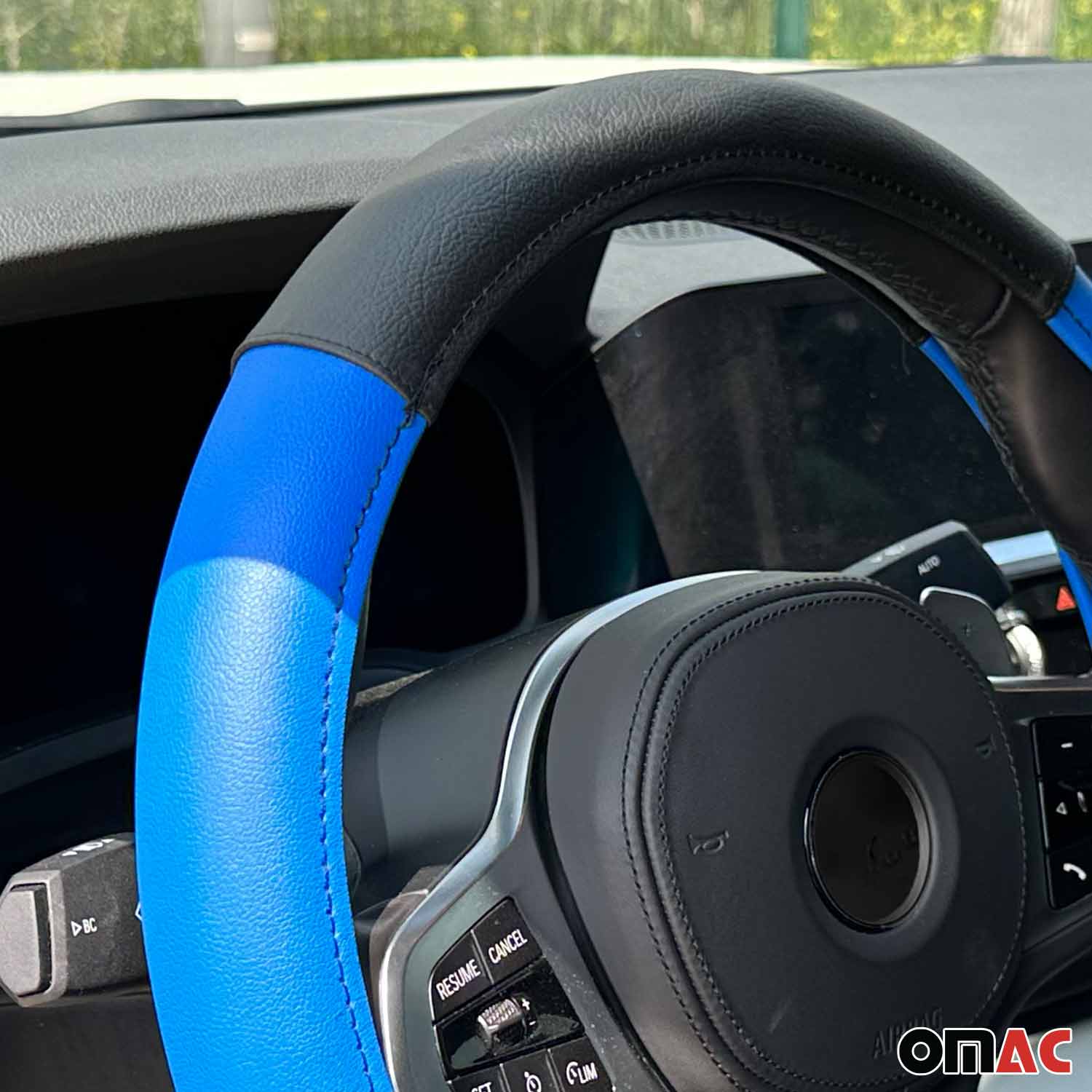 OMAC USA 14.5-15.5’’ Steering Wheel Cover Blue Black Leather Anti-slip Breathable, reverse view