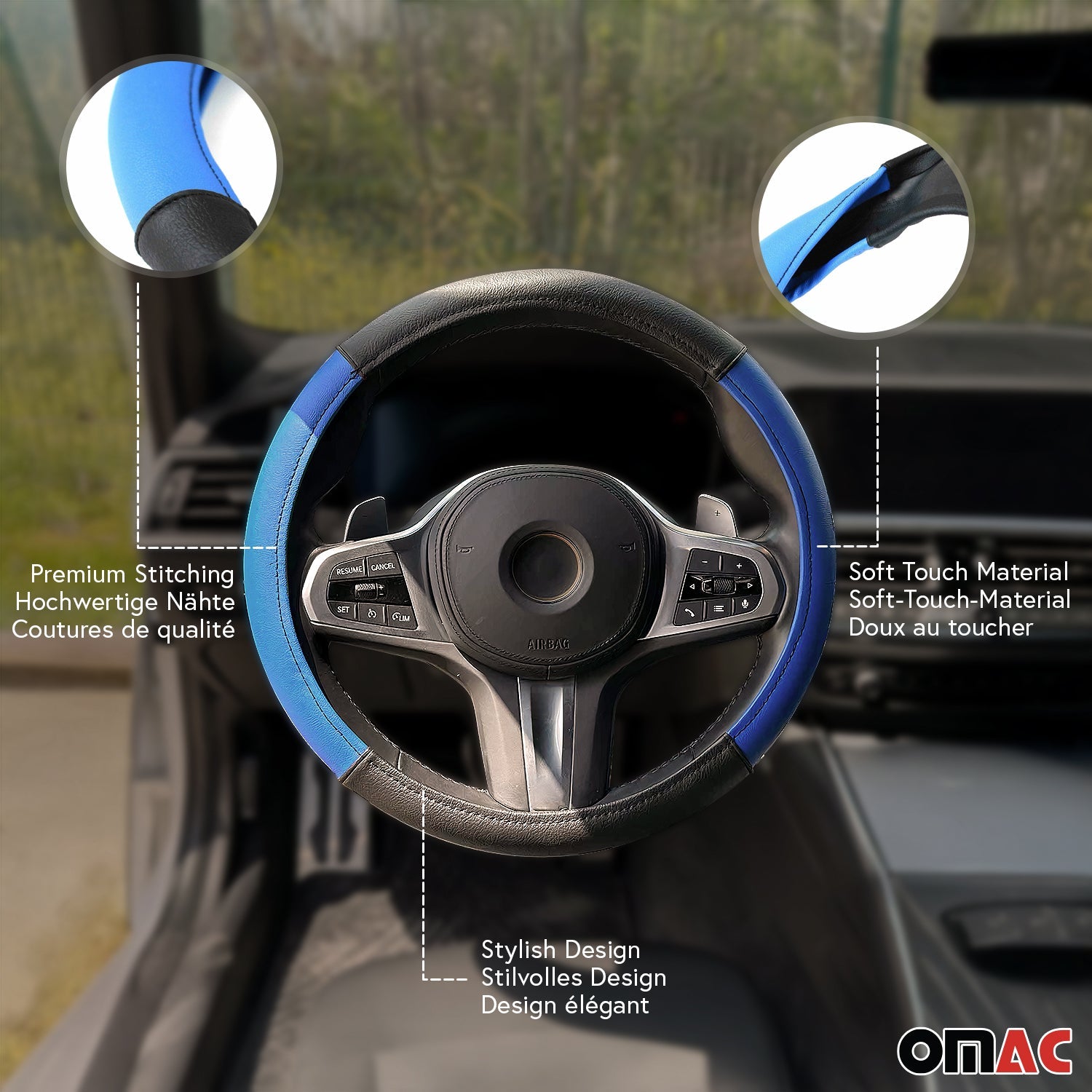 OMAC USA 14.5-15.5’’ Steering Wheel Cover Blue Black Leather Anti-slip Breathable, alternate view