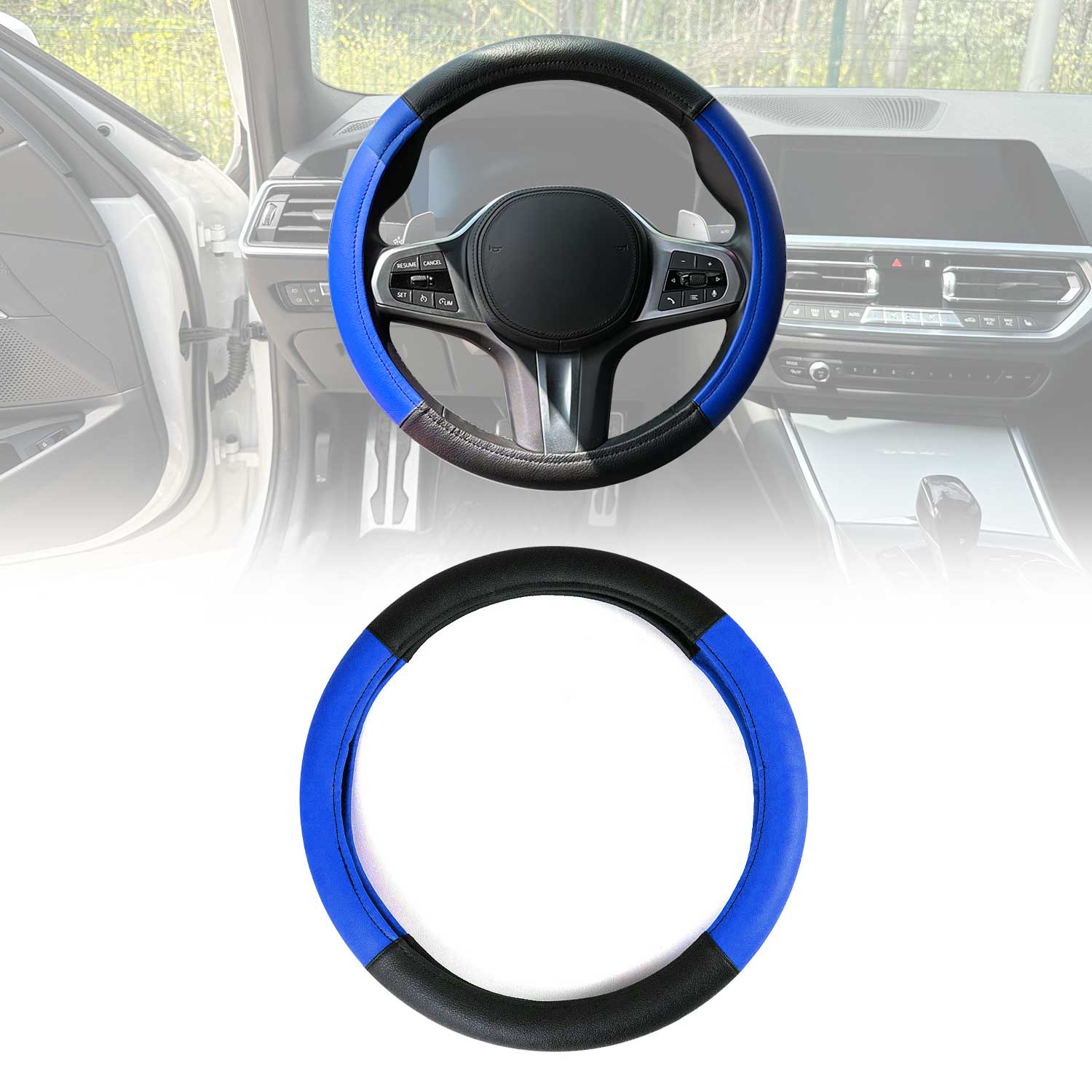 OMAC USA 14.5-15.5’’ Steering Wheel Cover Blue Black Leather Anti-slip Breathable