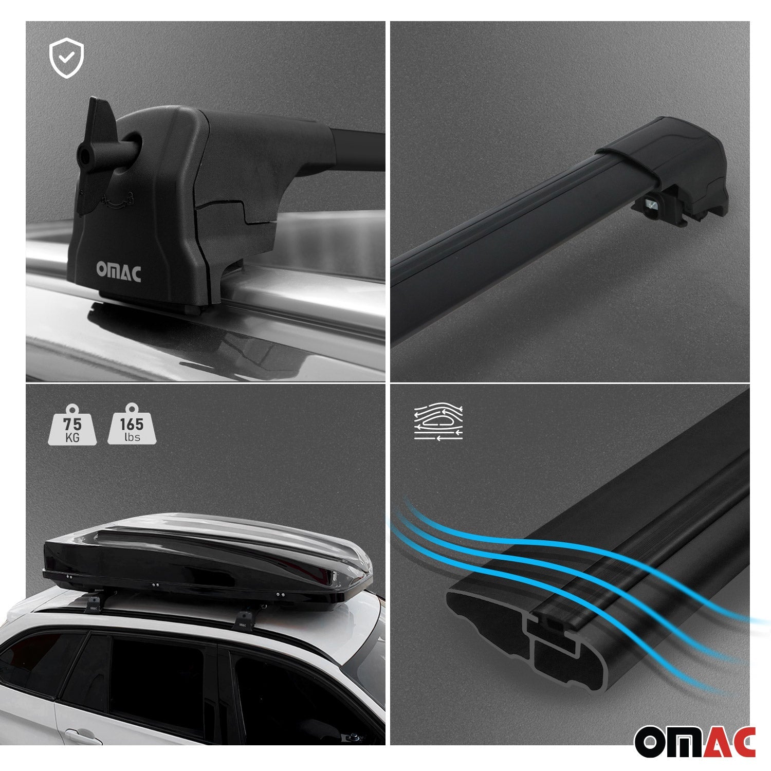 OMAC USA 2013-2016 Buick Encore Roof Rack Cross Bars Black, flush-mounted roof rails, close-up detail