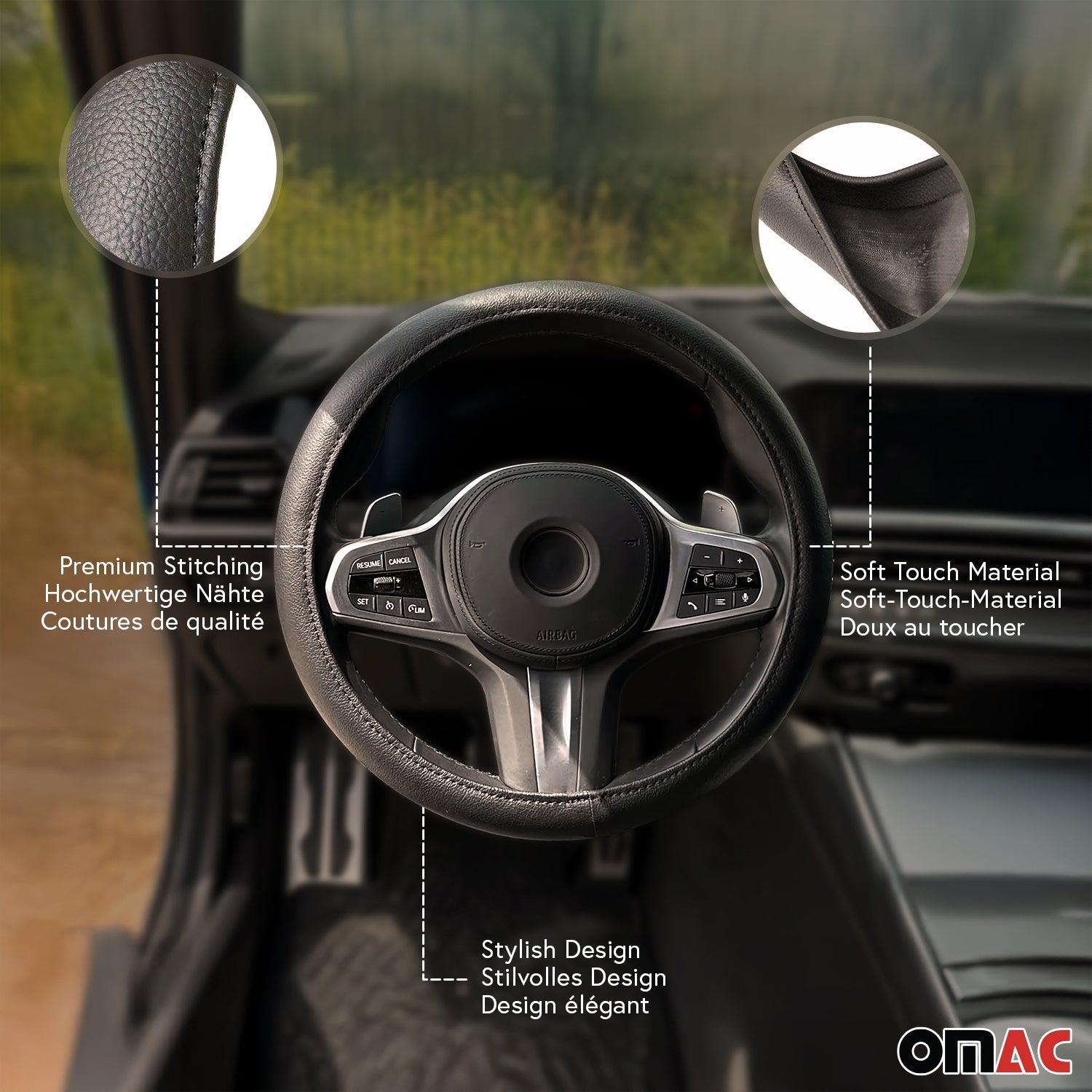 OMAC USA 14.5-15.5’’ Steering Wheel Cover Black Leather Anti-slip Breathable, alternate view