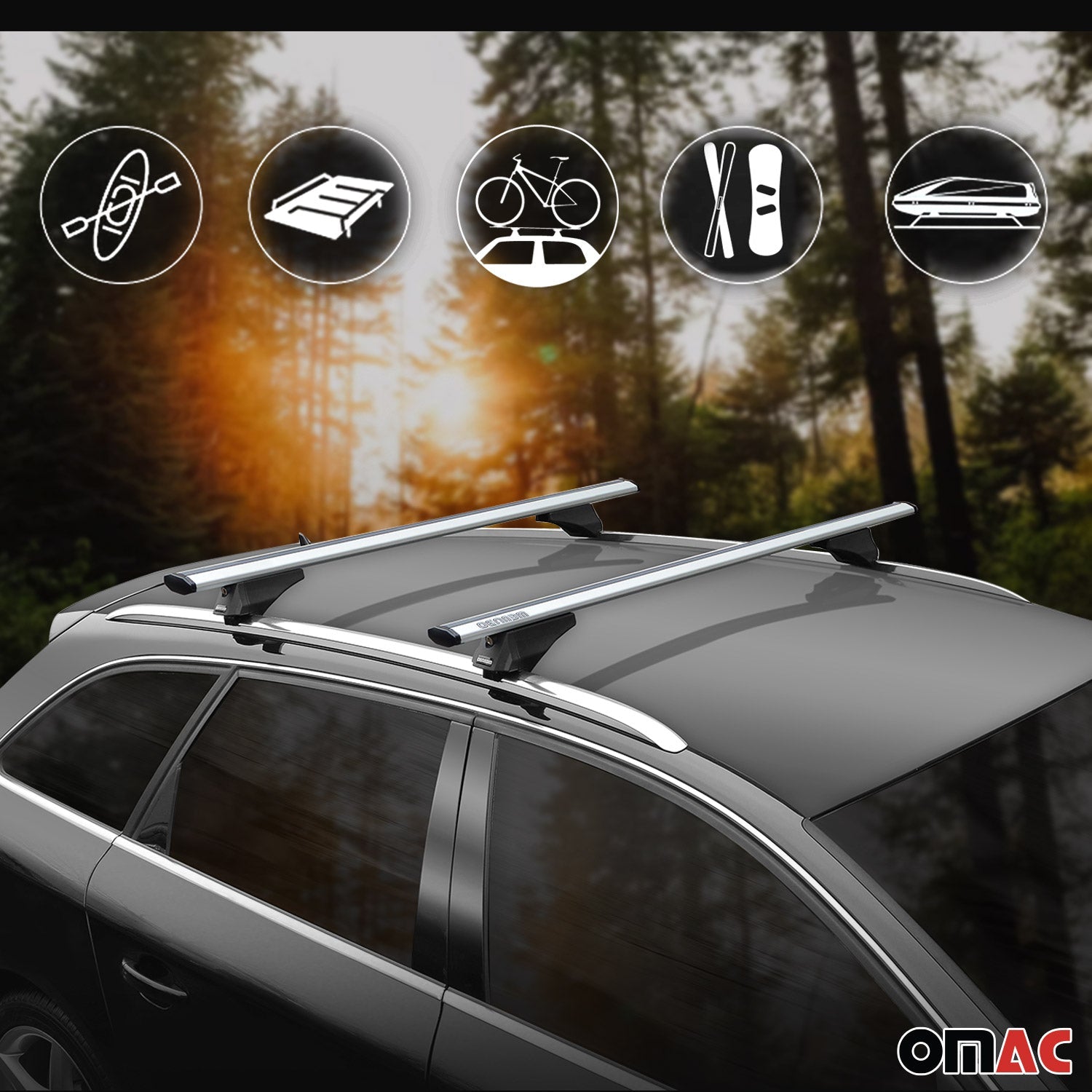 OMAC USA 2019-2025 Cadillac XT4 Roof Rack Cross Bars Silver, flush-mounted roof rails, reverse view
