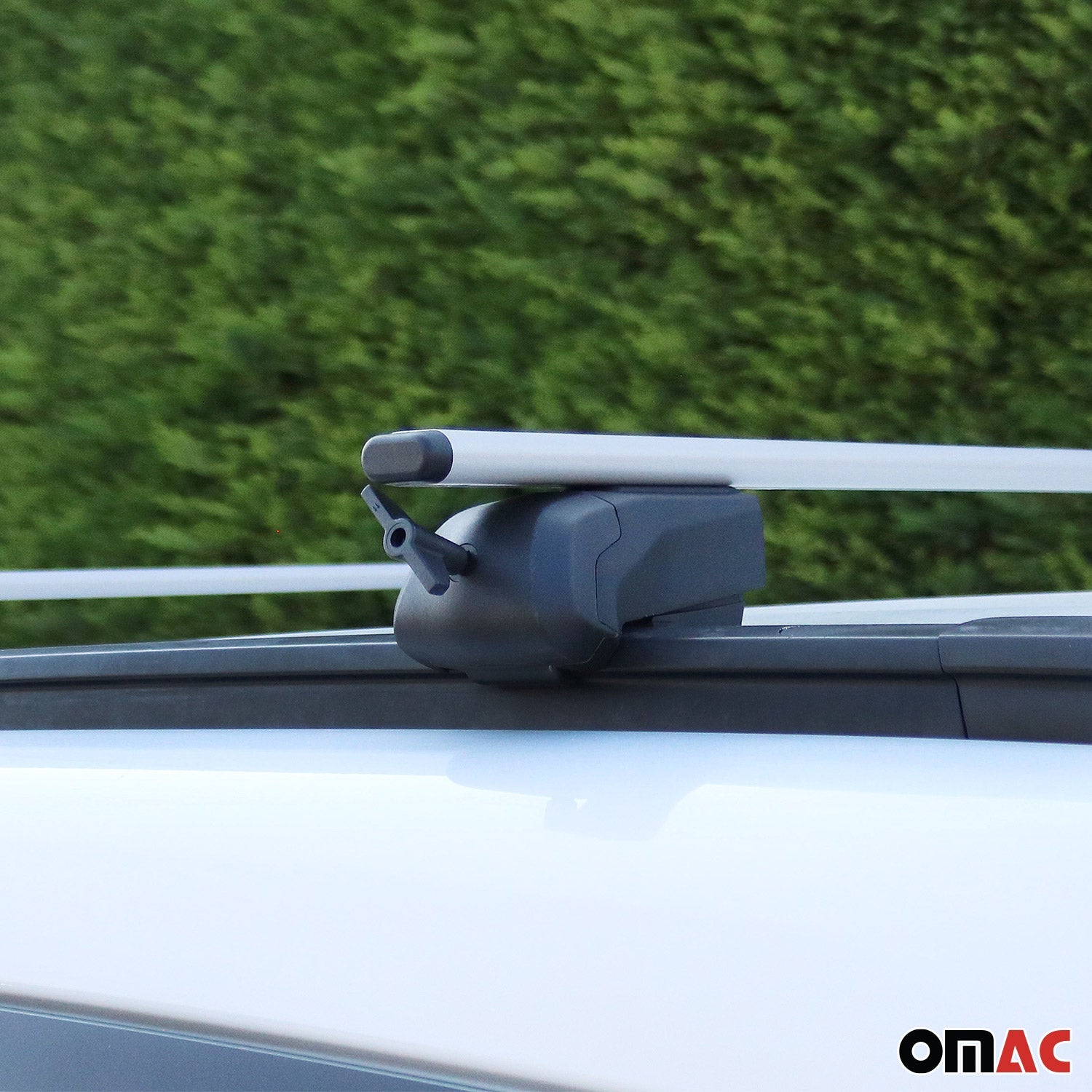 OMAC USA 2021-2026 Chevrolet Suburban Roof Rack Cross Bars Silver, flush-mounted roof rails, close-up detail