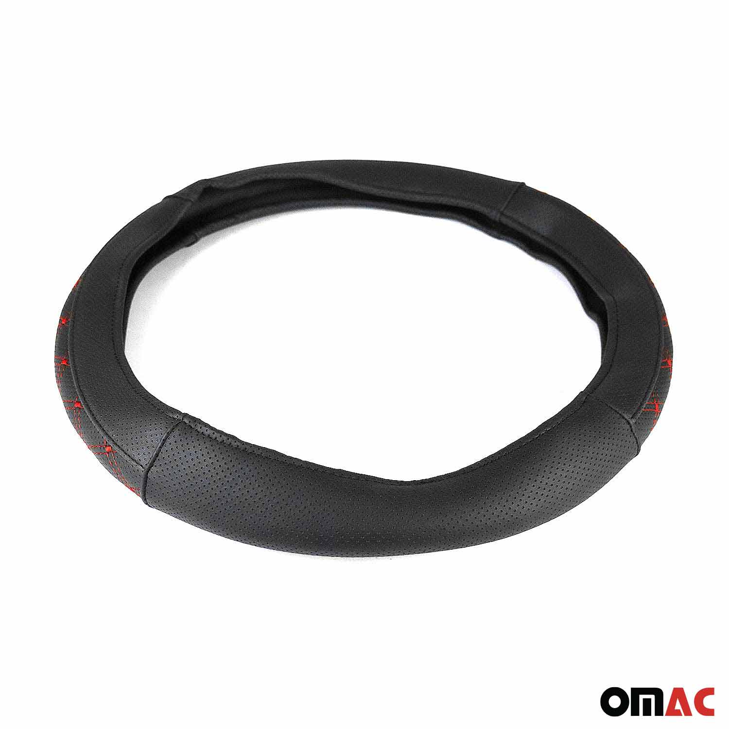 OMAC USA 14.5-15.5’’ Steering Wheel Cover Red Stitches Leather Anti-slip Breathable, top view