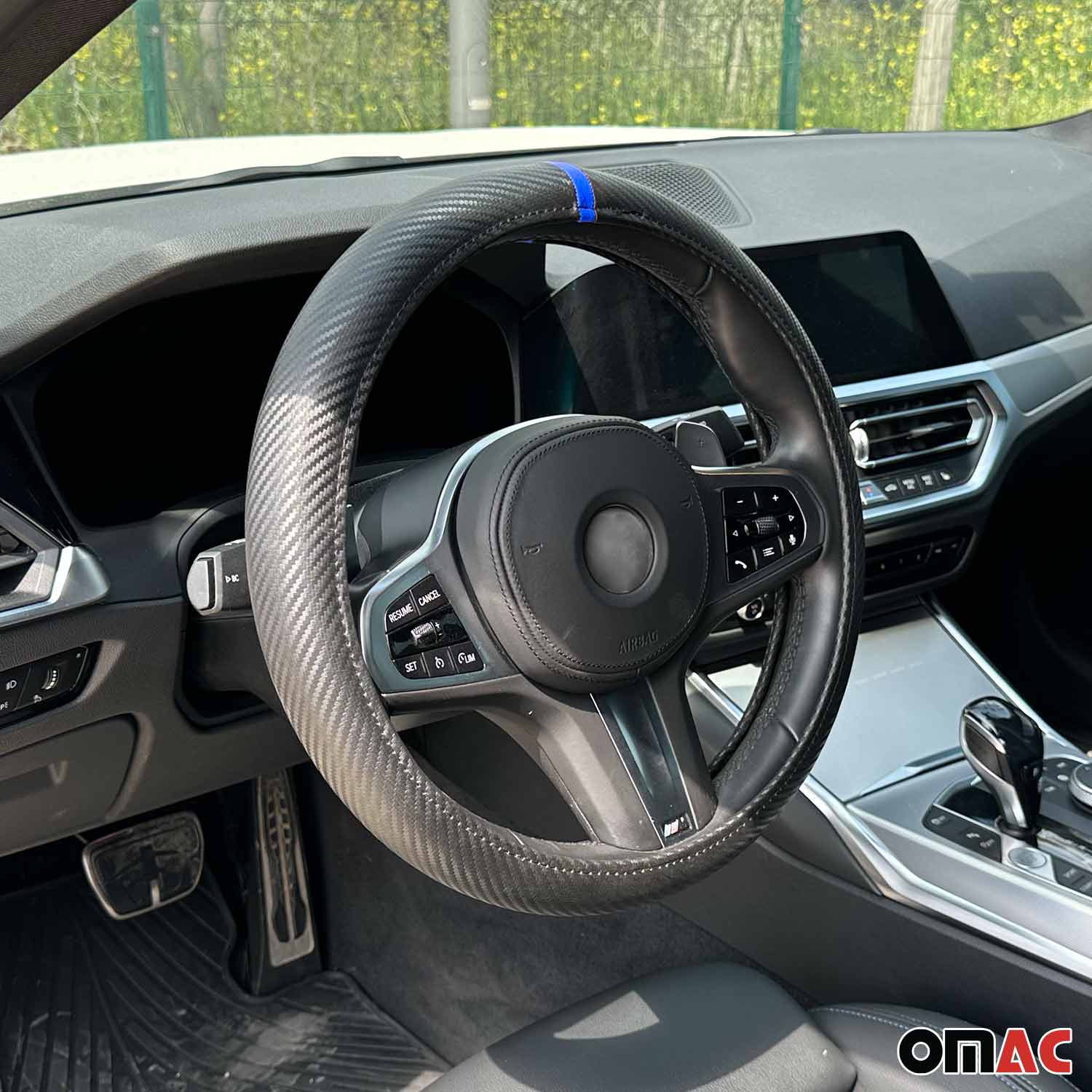 OMAC USA 14.5-15.5’’ Steering Wheel Cover Blue Stripe Leather Anti-slip Breathable, product detail
