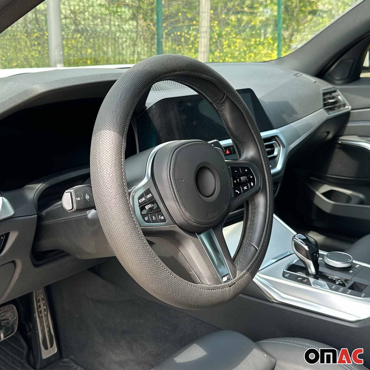 OMAC USA 14.5-15.5’’ Steering Wheel Cover Black Dotted Leather Anti-slip Breathable, product detail