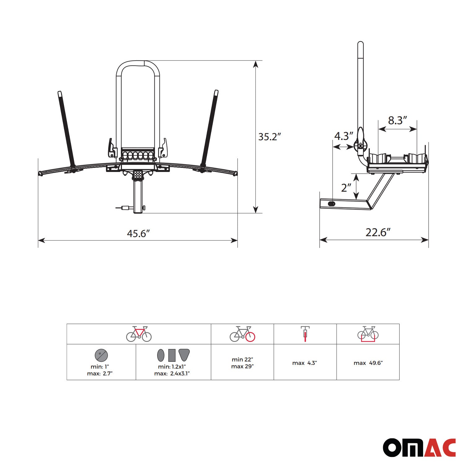 OMAC USA Hitch Mounted Foldable 2 Bicycle Carrier 2” Receiver Car Truck SUV, trunk bike racks, close-up detail