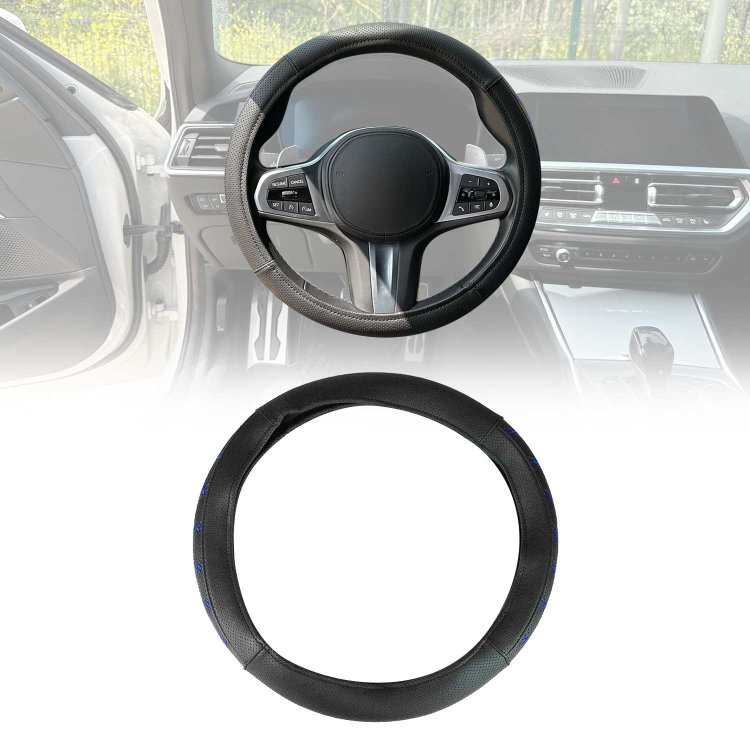 OMAC USA 14.5-15.5’’ Steering Wheel Cover Blue Stitch Leather Anti-slip Breathable