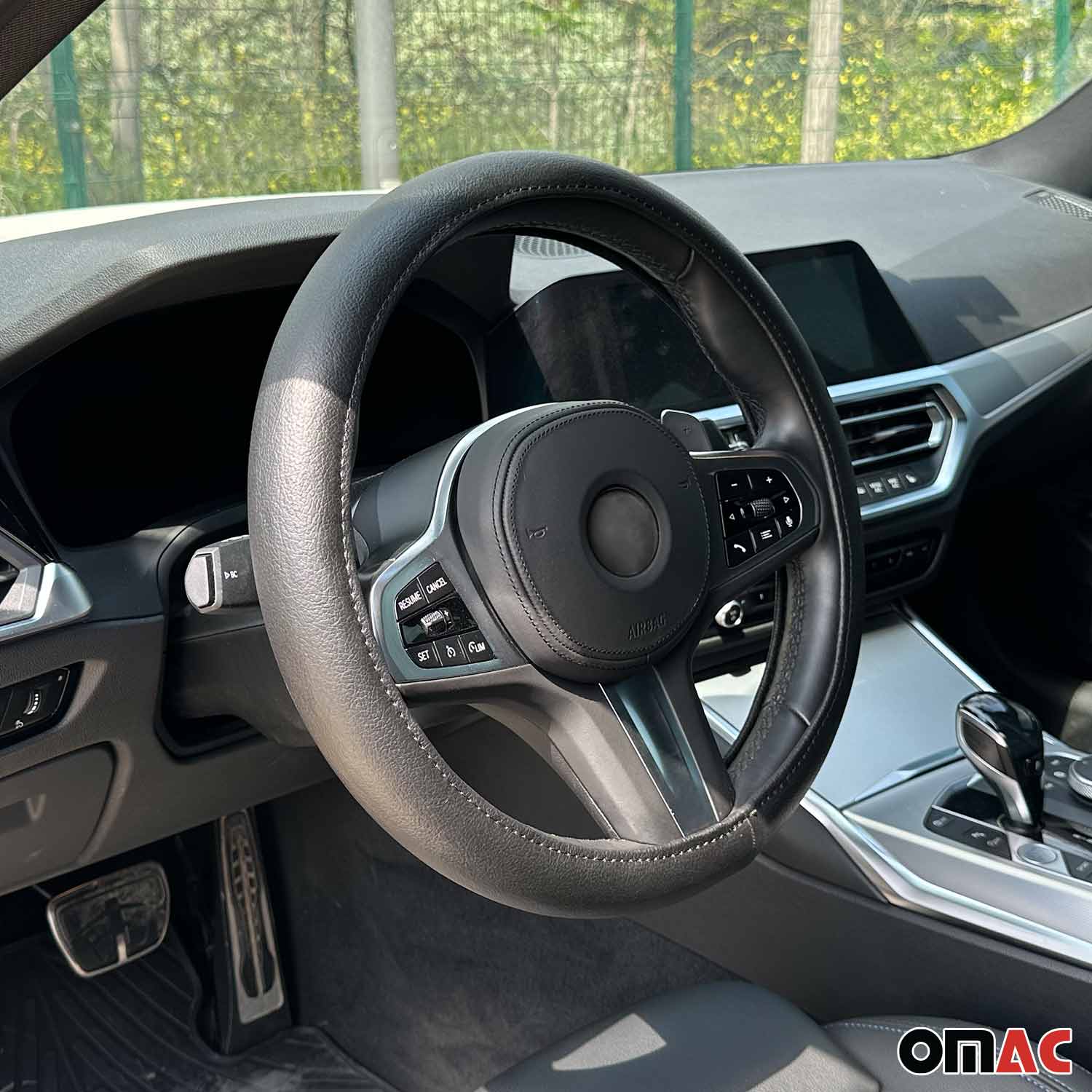 OMAC USA 14.5-15.5’’ Steering Wheel Cover Black Leather Anti-slip Breathable, product detail