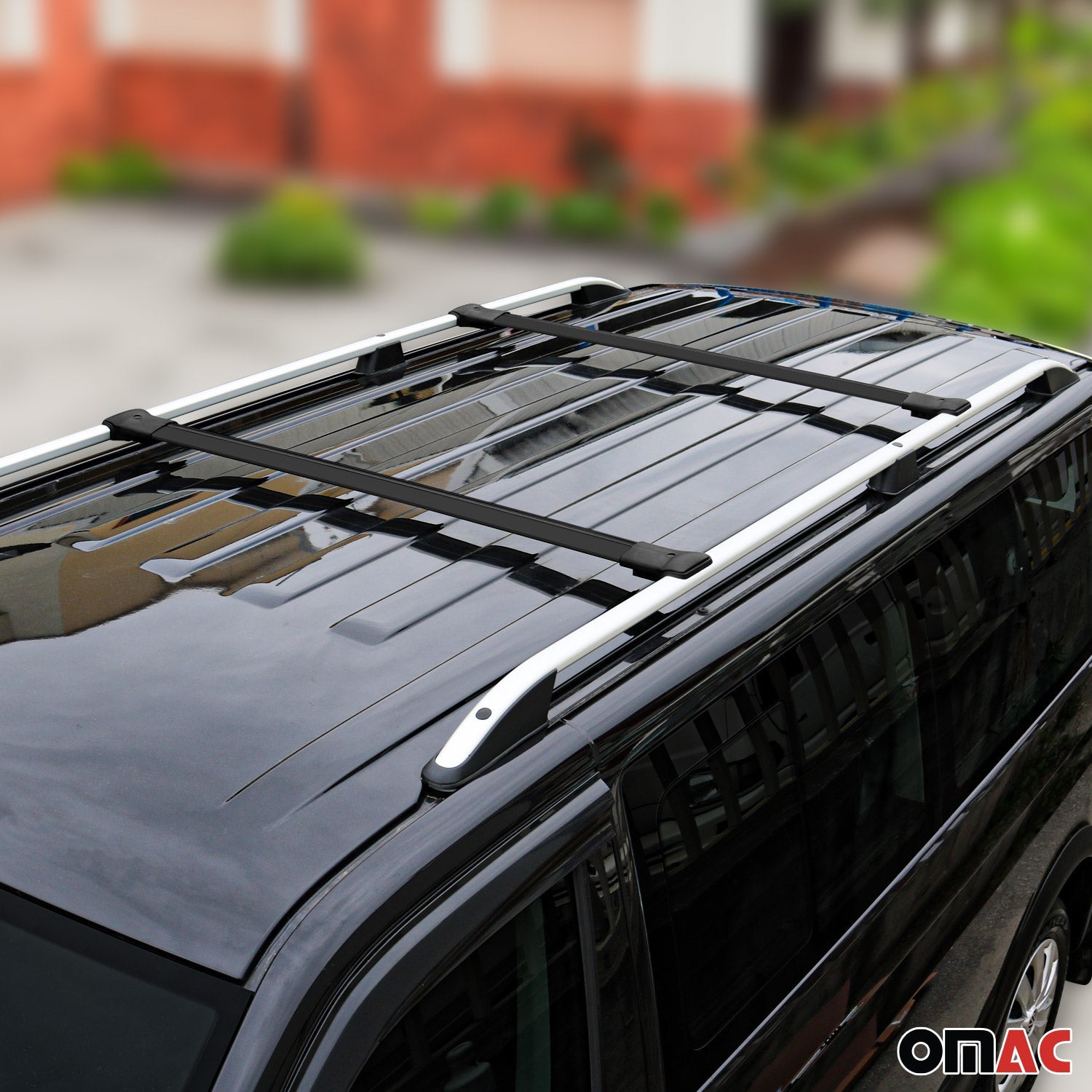 OMAC USA 2024-2026 Chevrolet Traverse Roof Rack Cross Bars Luggage Carrier Alu Black 2Pcs, raised roof rails, close-up detail
