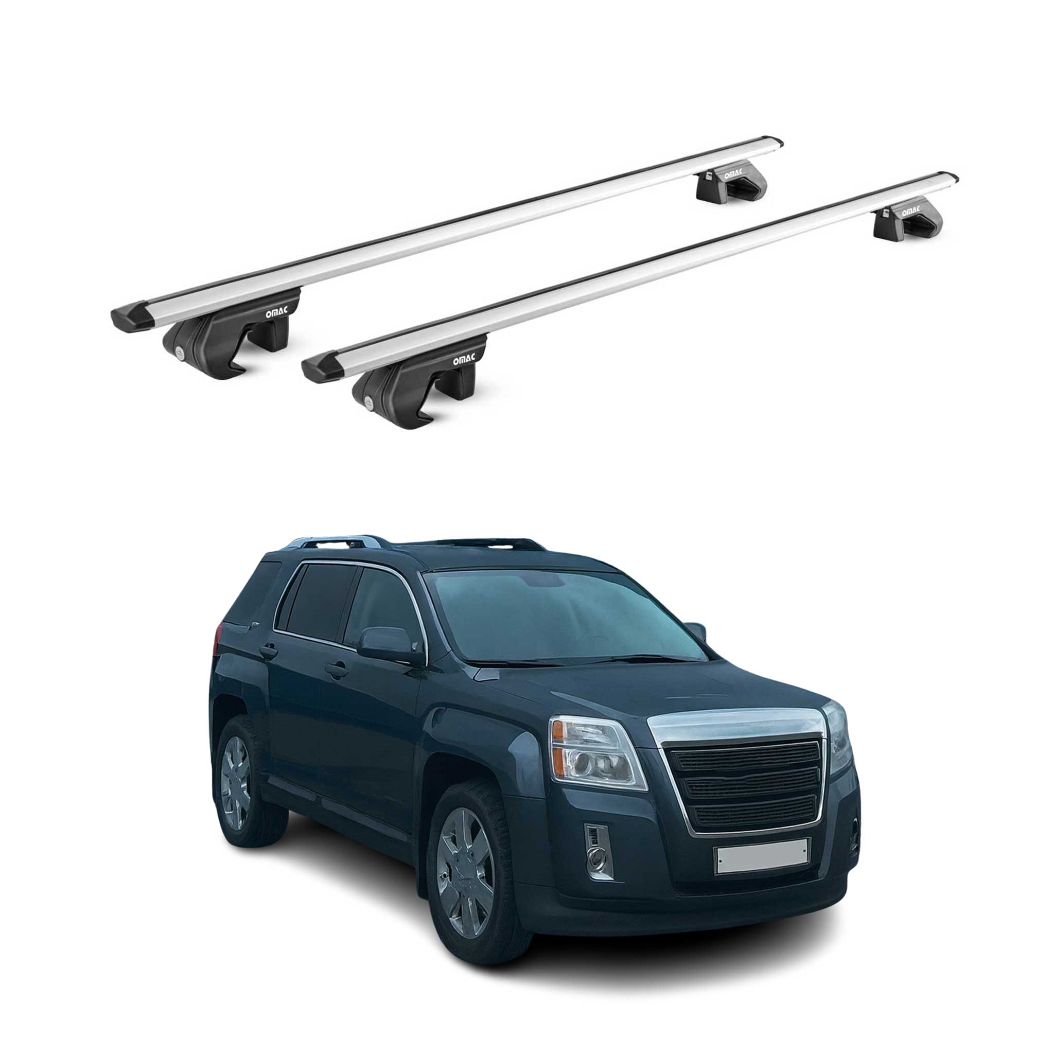 OMAC USA 2010-2017 GMC Terrain Roof Rack Cross Bars Silver Luggage Carrier 2 Pcs, raised roof rails