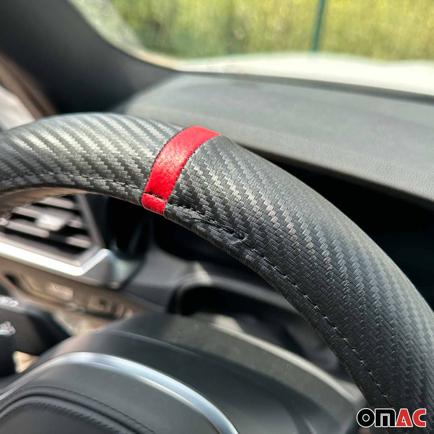 OMAC USA 14.5-15.5’’ Steering Wheel Cover Red Stripe Leather Anti-slip Breathable, reverse view