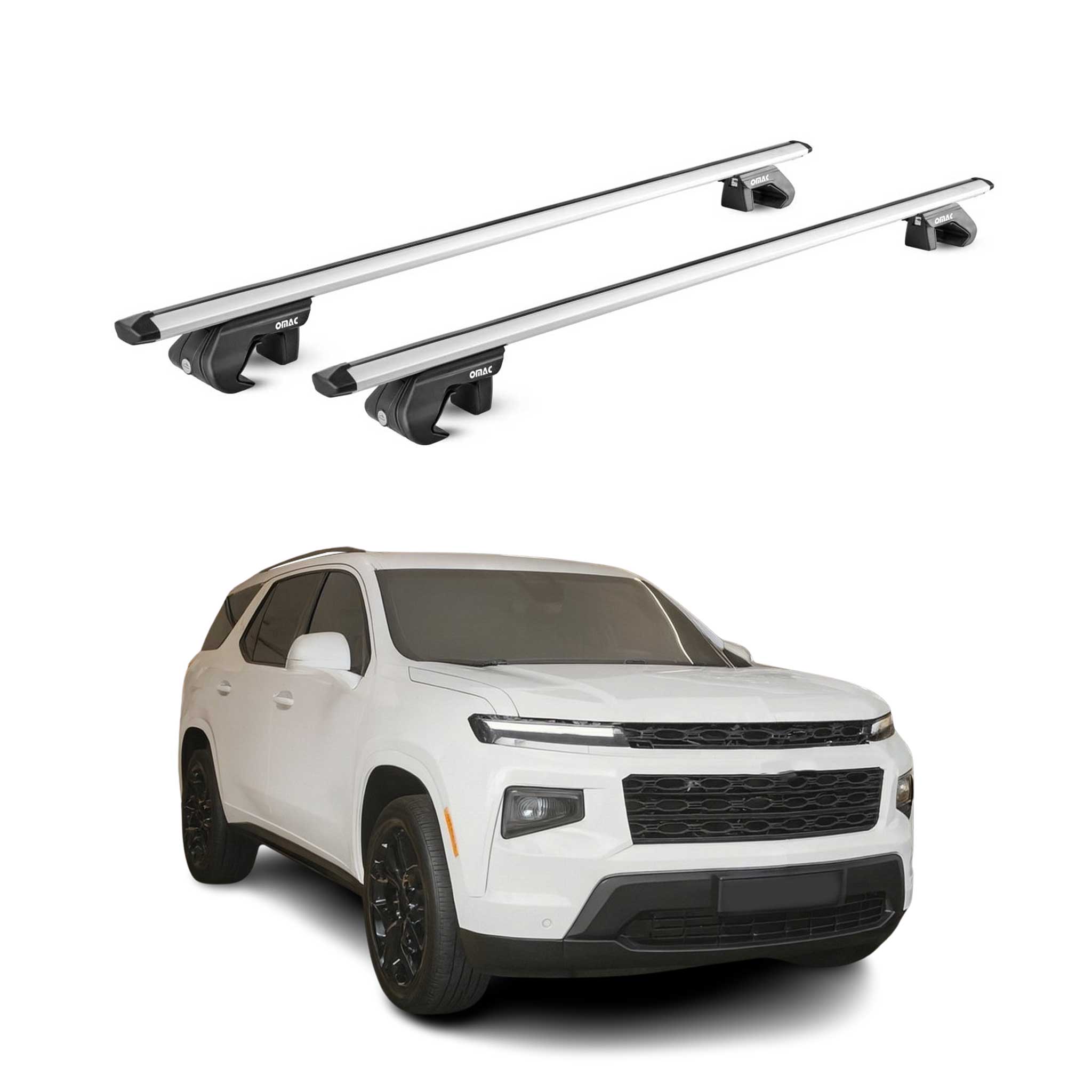 OMAC USA 2024-2026 Chevrolet Traverse Roof Rack Cross Bars Luggage Carrier Alu Silver, raised roof rails