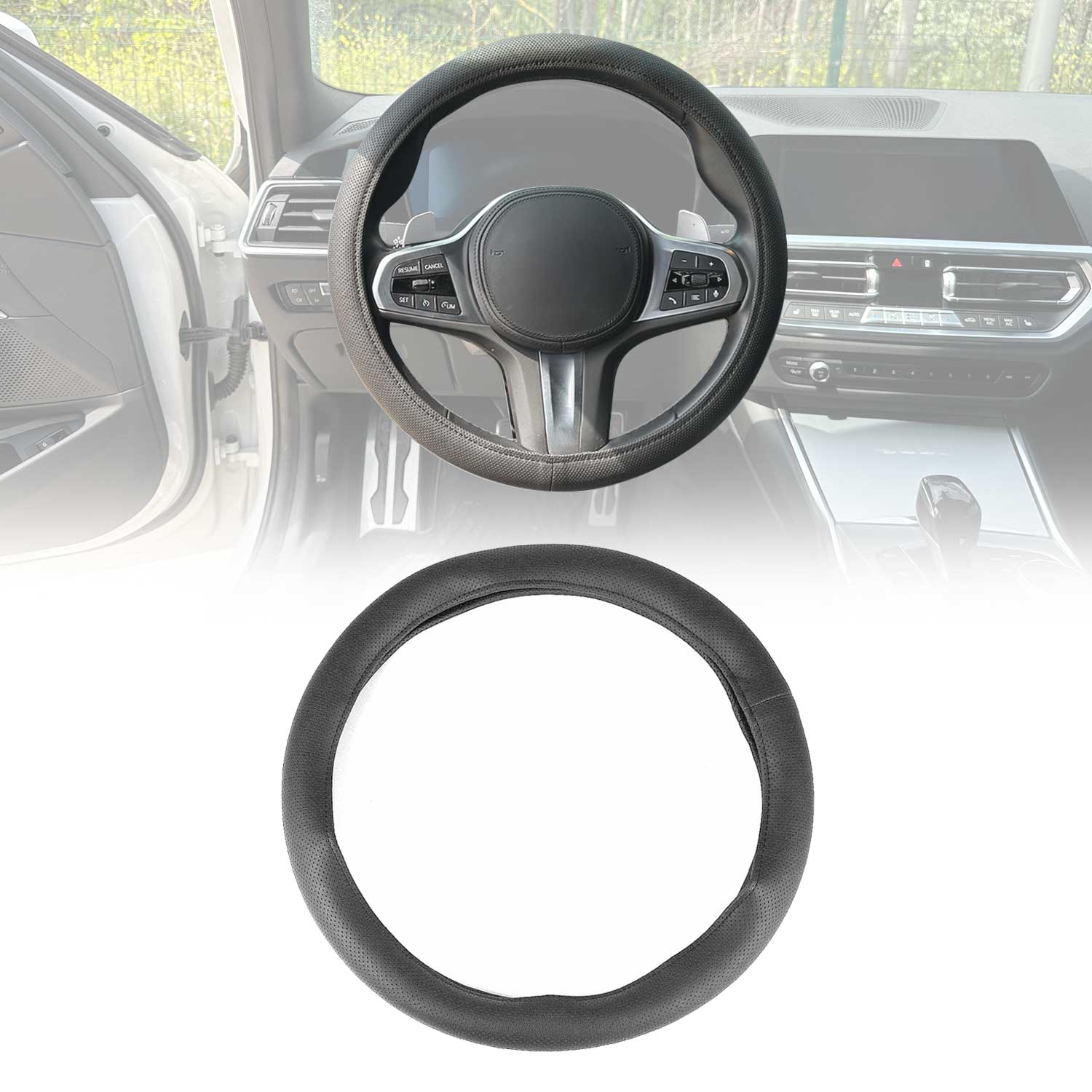 OMAC USA 14.5-15.5’’ Steering Wheel Cover Black Dotted Leather Anti-slip Breathable