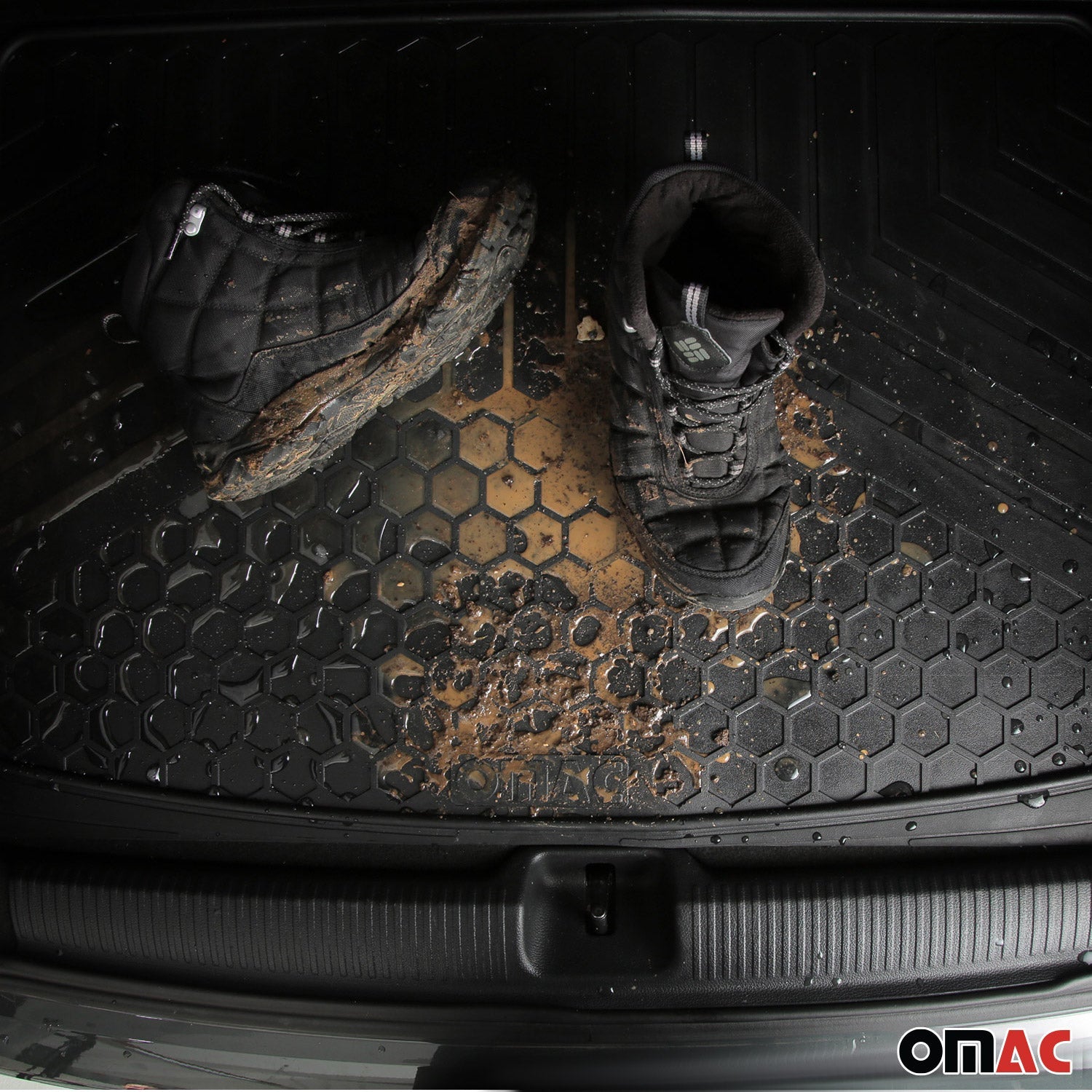 OMAC USA 2020-2026 Cadillac CT5 Universal Cargo Mats Liner All Weather Black Rubber, basic cargo liners, reverse view