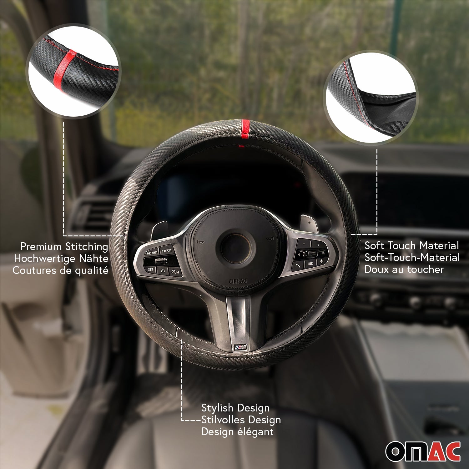 OMAC USA 14.5-15.5’’ Steering Wheel Cover Red Stripe Leather Anti-slip Breathable, alternate view