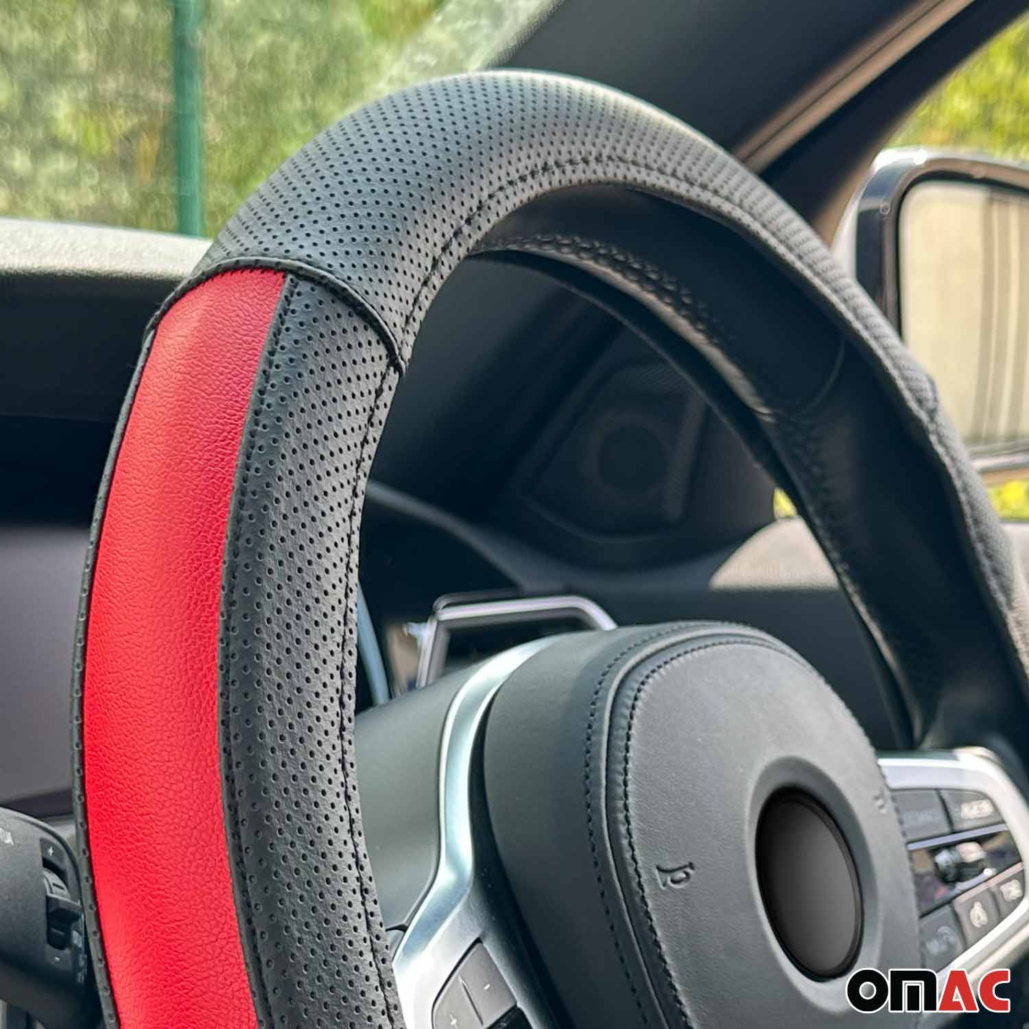 OMAC USA 14.5-15.5’’ Steering Wheel Cover Half Moon Red Leather Anti-slip Breathable, reverse view