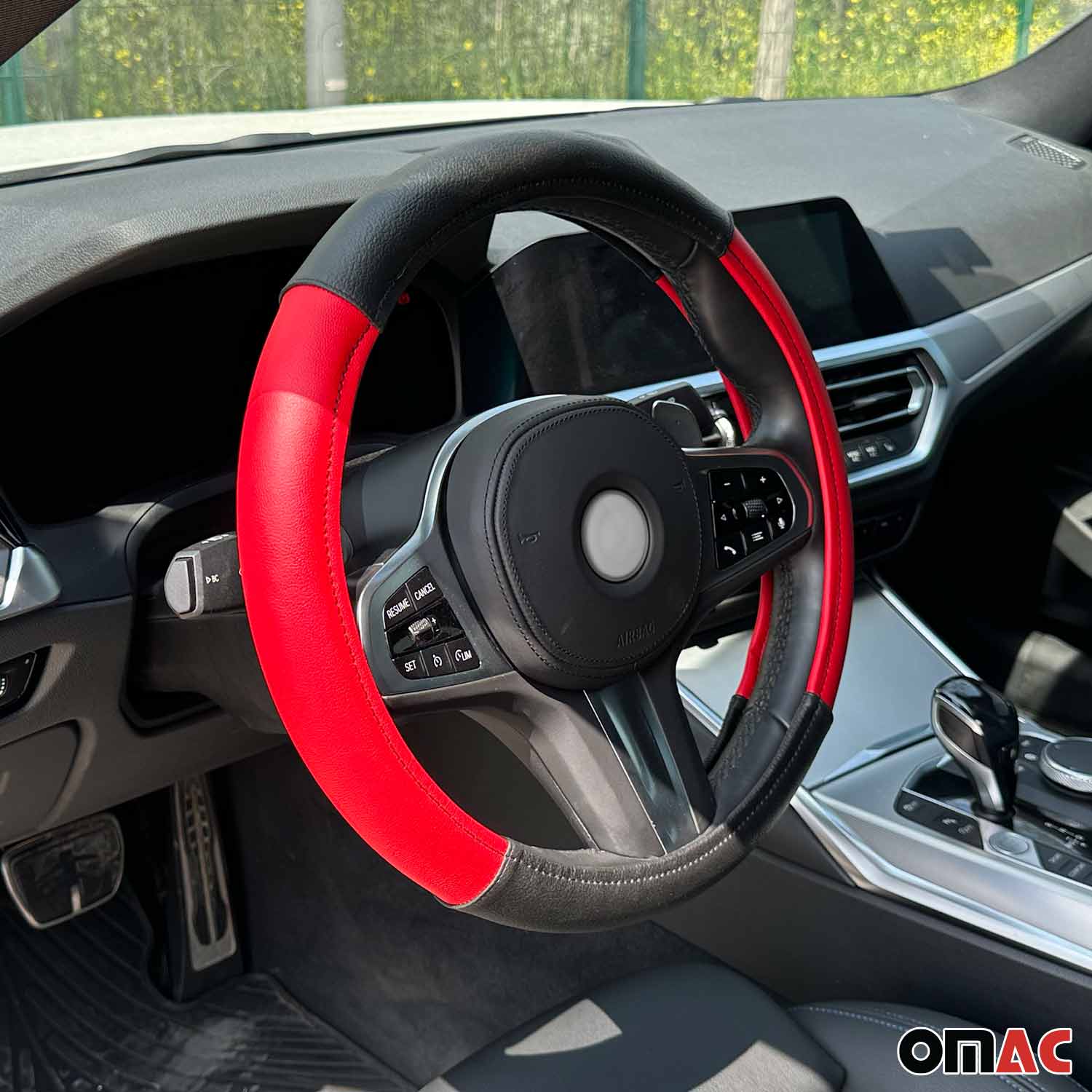 OMAC USA 14.5-15.5’’ Steering Wheel Cover Red Black Leather Anti-slip Breathable, product detail