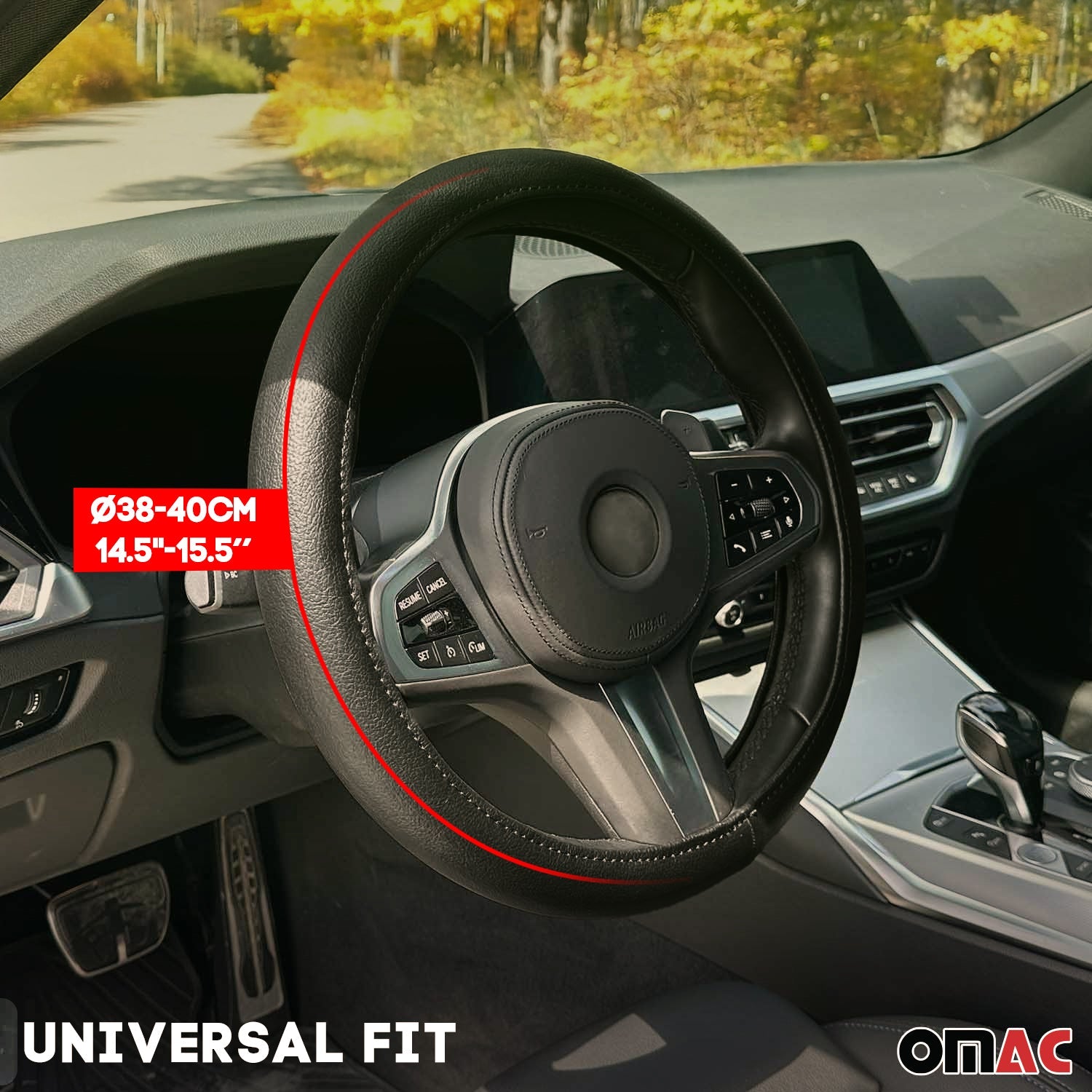 OMAC USA 14.5-15.5’’ Steering Wheel Cover Blue Black Leather Anti-slip Breathable, side view