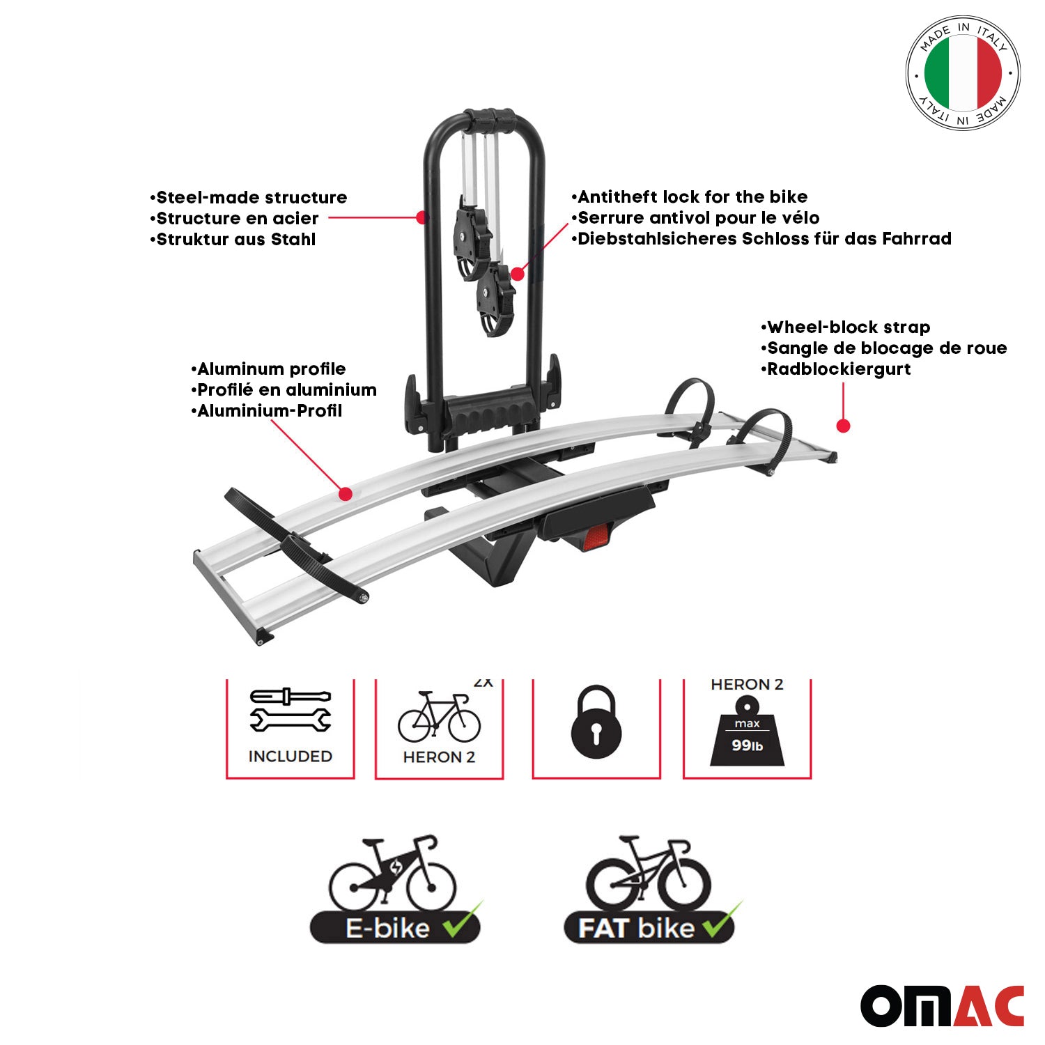OMAC USA Hitch Mounted Foldable 2 Bicycle Carrier 2” Receiver Car Truck SUV, trunk bike racks, alternate view