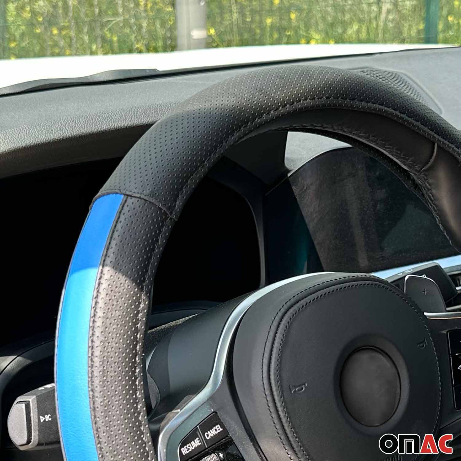 OMAC USA 14.5-15.5’’ Steering Wheel Cover Half Moon Blue Leather Anti-slip Breathable, reverse view