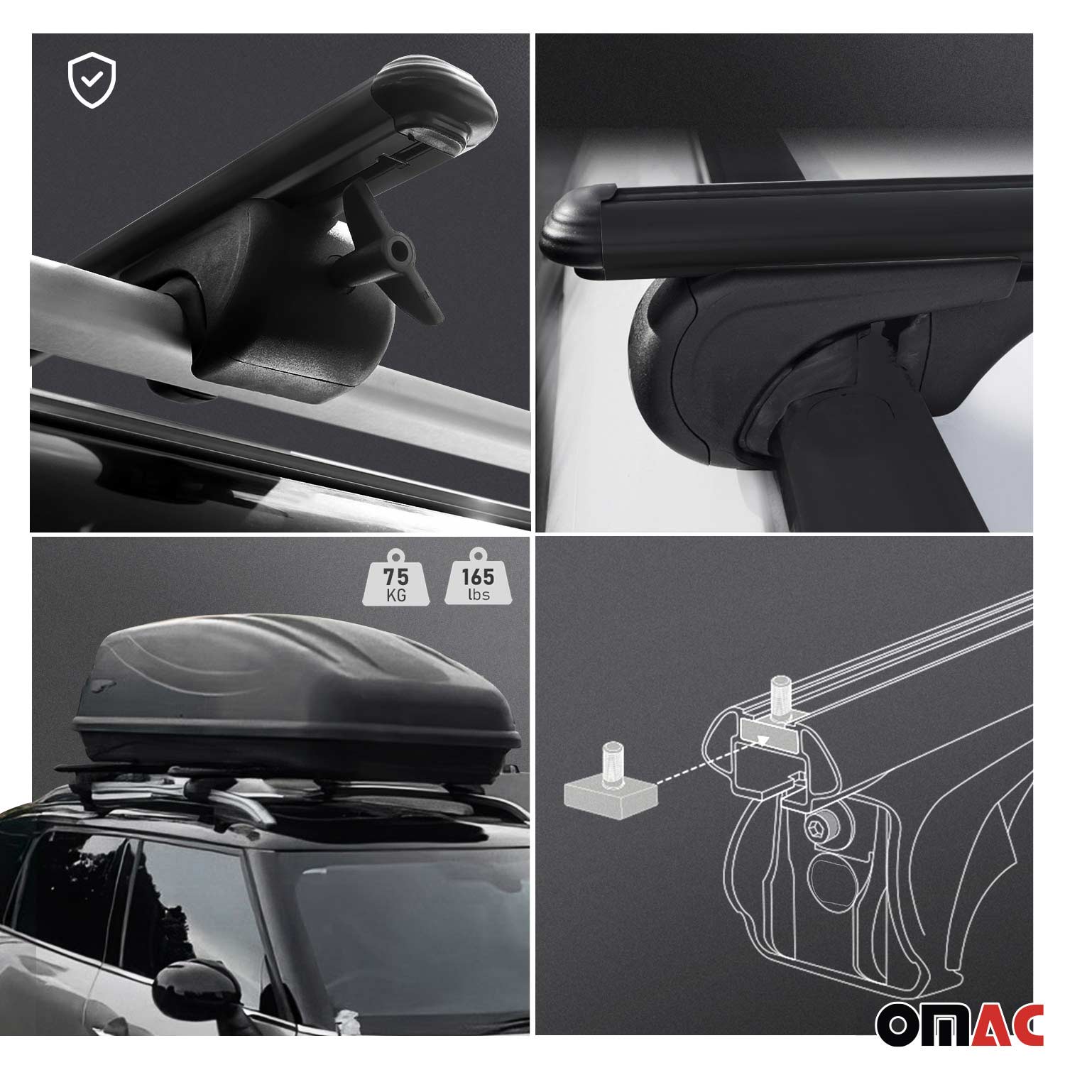 OMAC USA 2018-2024 Chevrolet Traverse Roof Rack Cross Bars Black, raised roof rails, side view