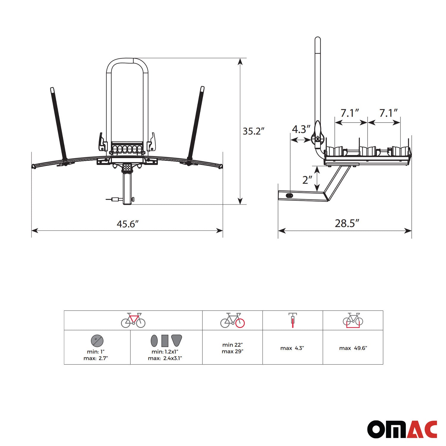 OMAC USA 3 Bicycle Carrier 2” Receiver Hitch Mounted Foldable Rack SUV Truck Car, trunk bike racks, close-up detail