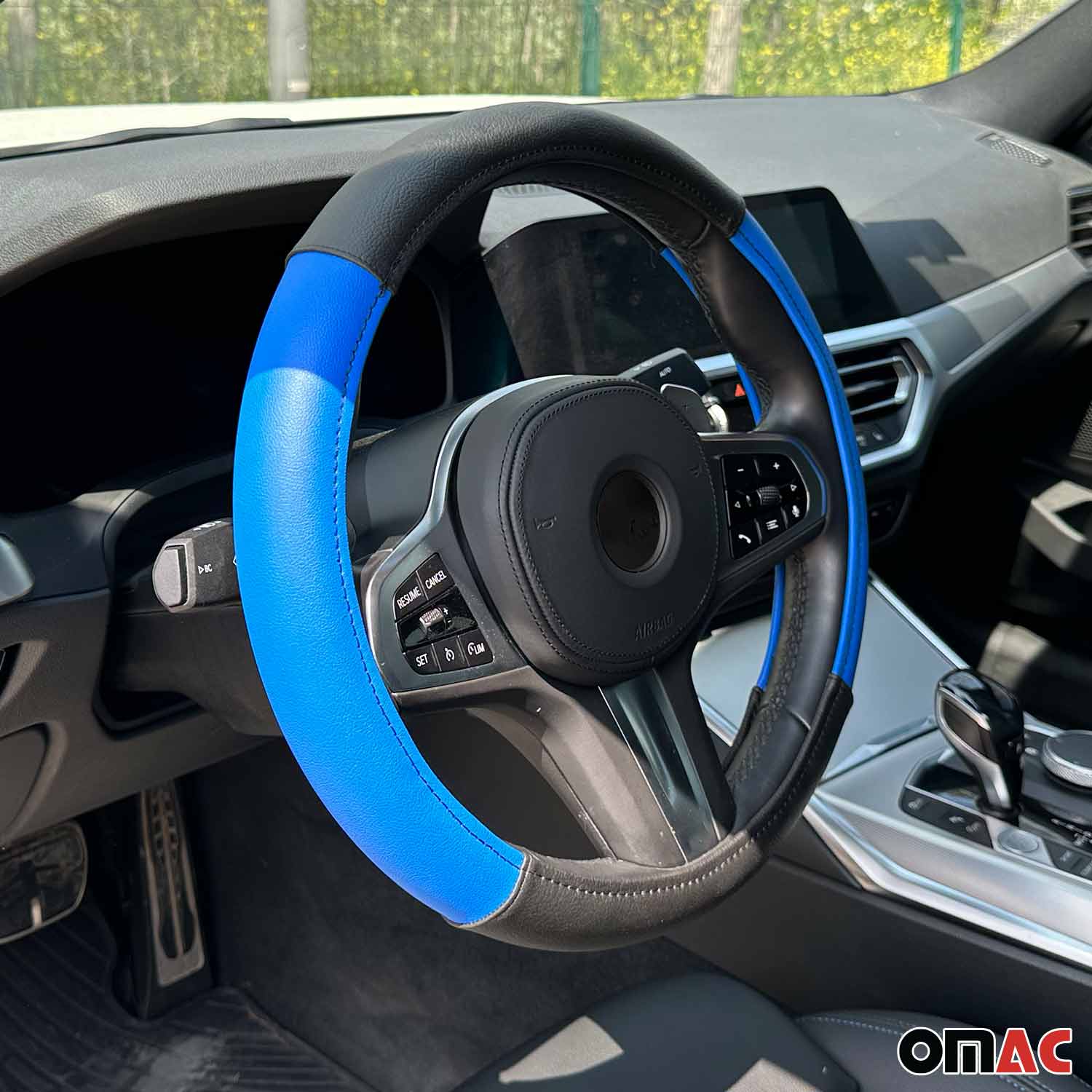 OMAC USA 14.5-15.5’’ Steering Wheel Cover Blue Black Leather Anti-slip Breathable, product detail