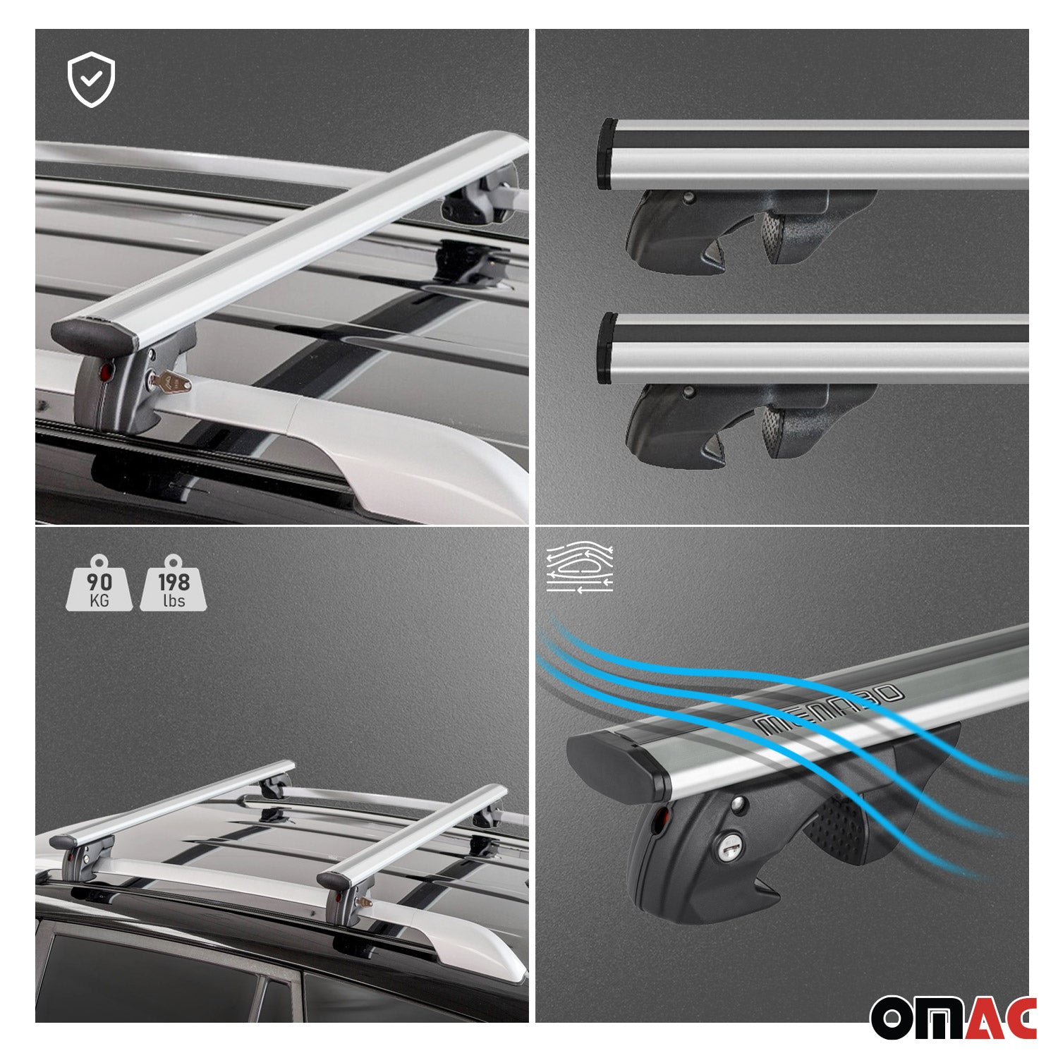 OMAC USA 2018-2024 GMC Terrain Roof Rack Cross Bars Silver, raised roof rails, product detail