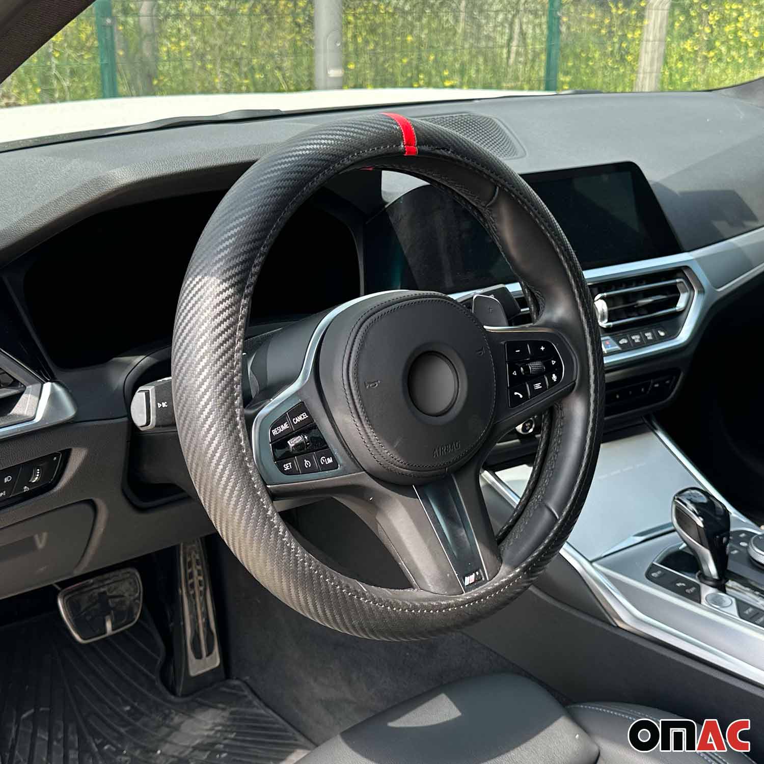 OMAC USA 14.5-15.5’’ Steering Wheel Cover Red Stripe Leather Anti-slip Breathable, product detail