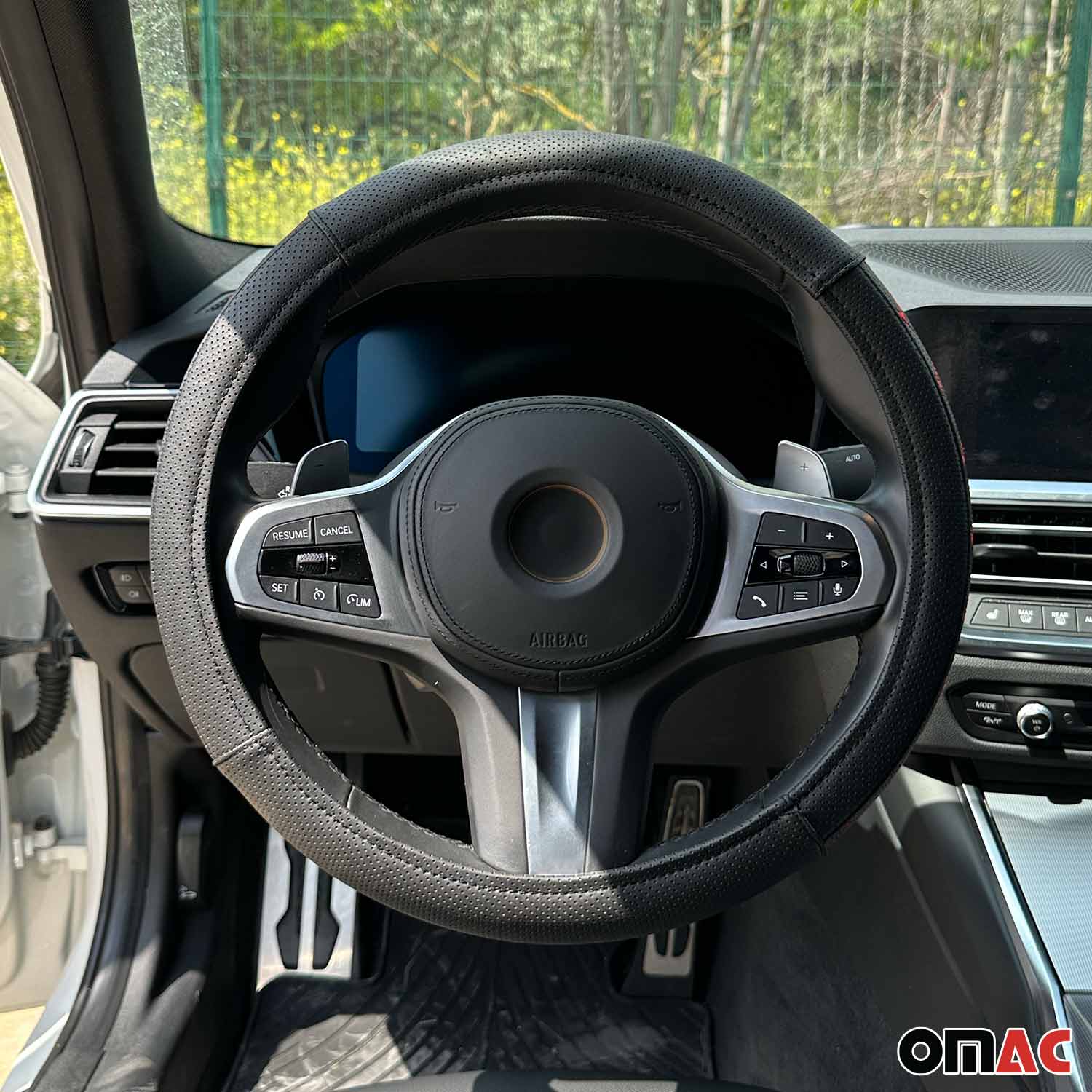 OMAC USA 14.5-15.5’’ Steering Wheel Cover Red Stitches Leather Anti-slip Breathable, product detail