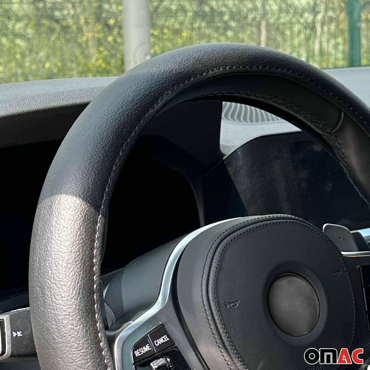 OMAC USA 14.5-15.5’’ Steering Wheel Cover Black Leather Anti-slip Breathable, reverse view