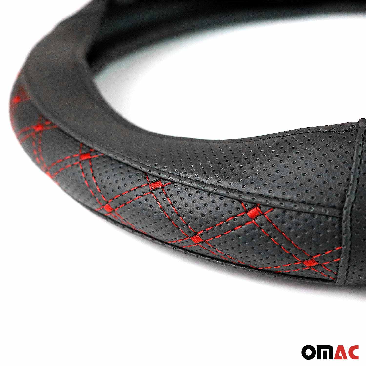 OMAC USA 14.5-15.5’’ Steering Wheel Cover Red Stitches Leather Anti-slip Breathable, further detail