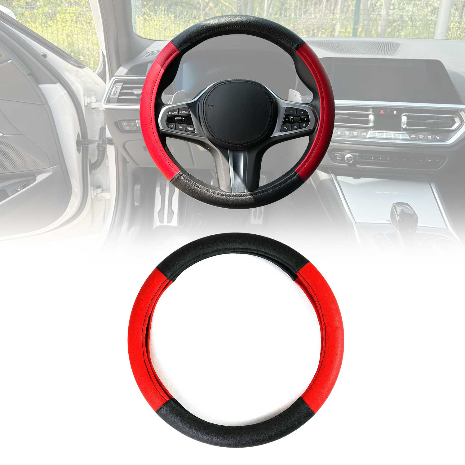 OMAC USA 14.5-15.5’’ Steering Wheel Cover Red Black Leather Anti-slip Breathable