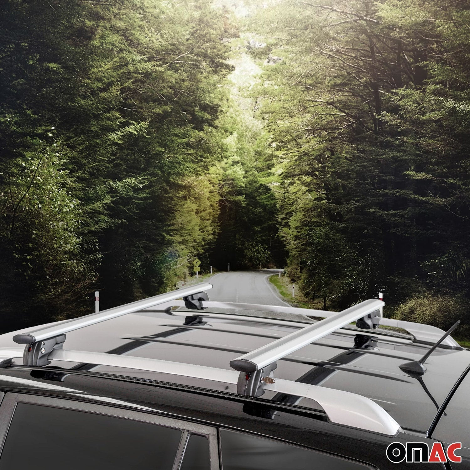 OMAC USA 2013-2015 Chevrolet Spark Roof Rack Cross Bars Silver, raised roof rails, close-up detail